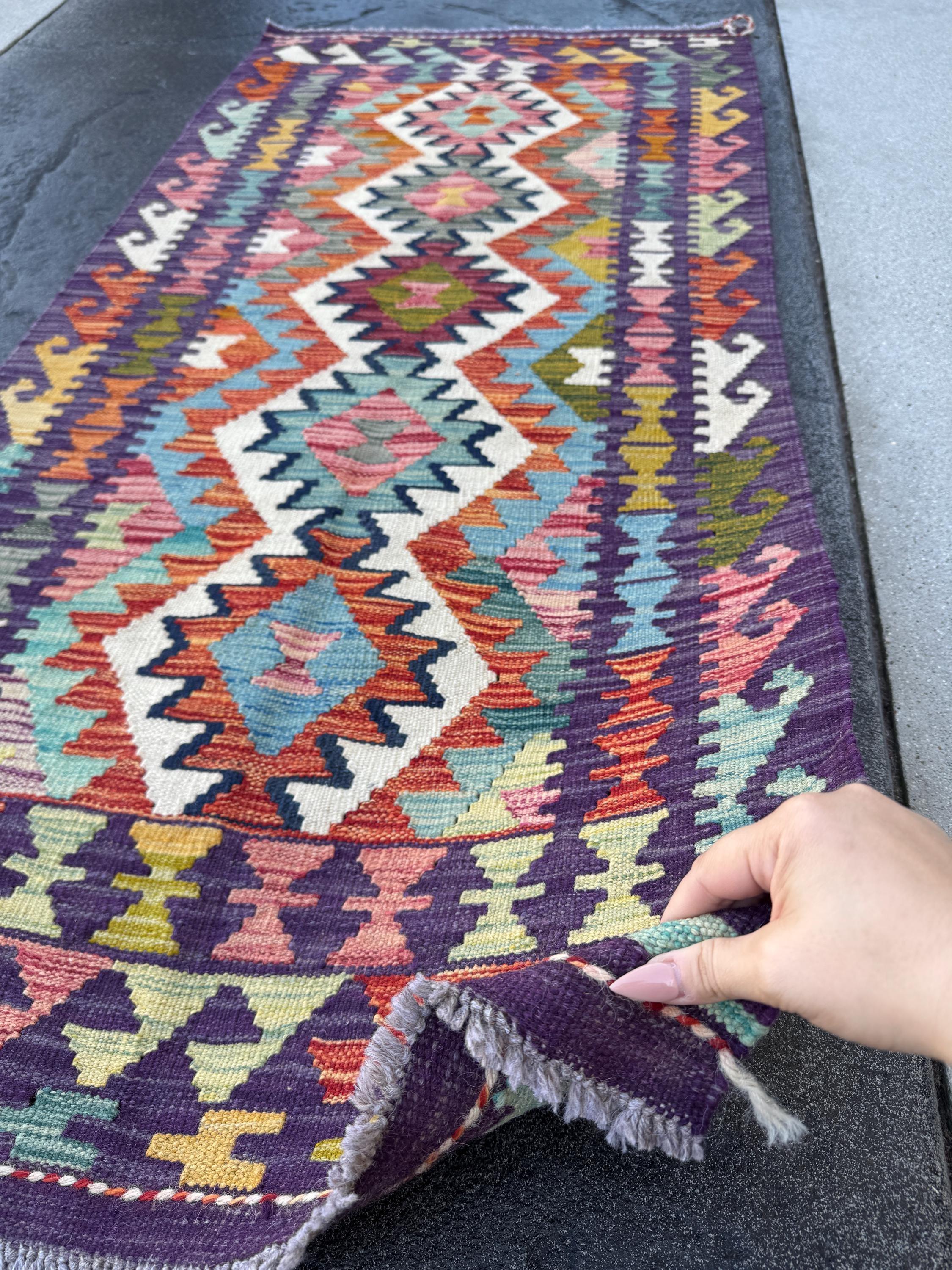 2-3x5 Handmade Afghan Kilim Rug | Purple Cream White Orange Crimson Brick Red Mustard Yellow Mint Forest Green Grey Aqua Baby Teal Denim