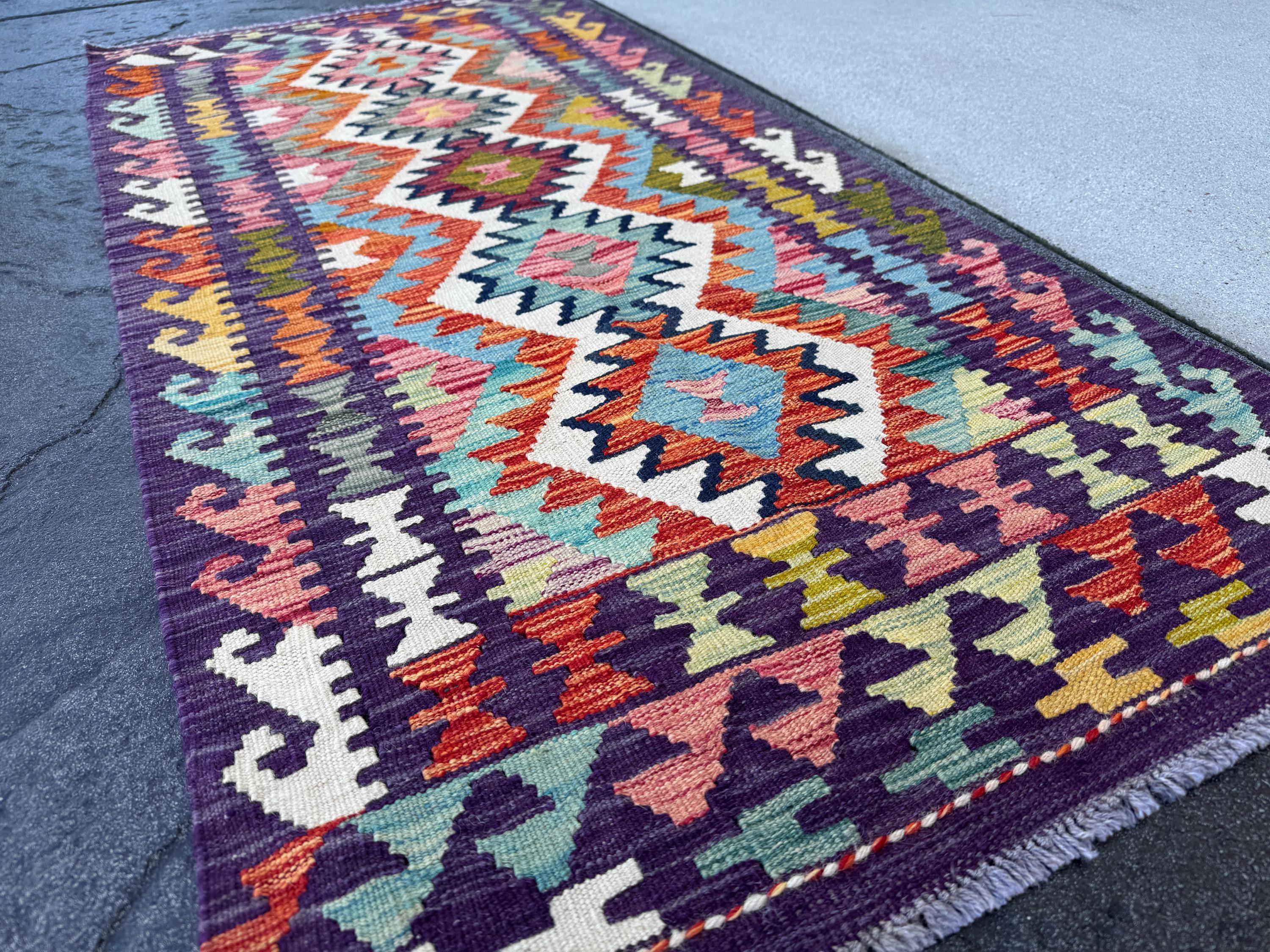 2-3x5 Handmade Afghan Kilim Rug | Purple Cream White Orange Crimson Brick Red Mustard Yellow Mint Forest Green Grey Aqua Baby Teal Denim