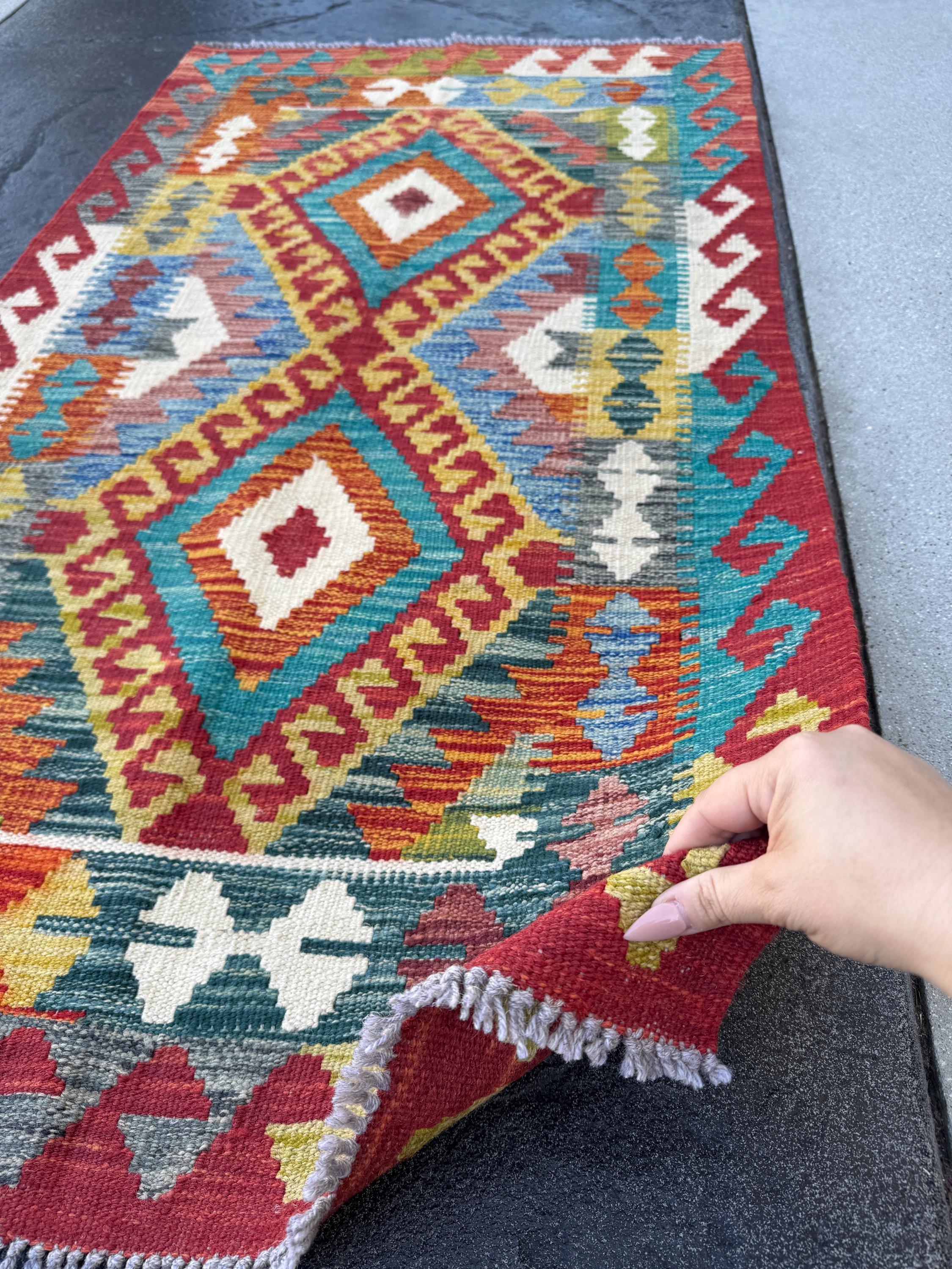 3x5 Handmade Afghan Kilim Rug | Scarlet Blood Brick Red Burgundy Grey Teal Aqua Turquoise Denim Blue Olive Moss Green Gold Orange White Wool