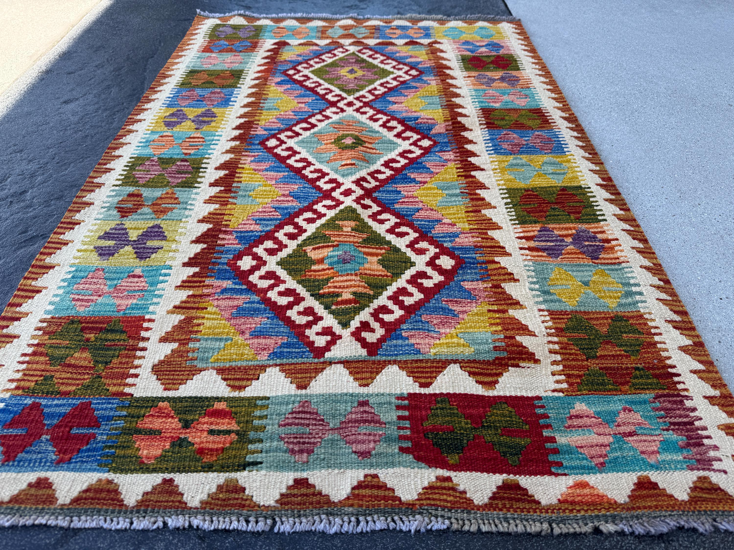 3x4-5 Handmade Afghan Kilim Rug | Burnt Orange Olive Forest Green Aqua Teal Turquoise Royal Blue Blood Brick Red Purple White Cream Gold