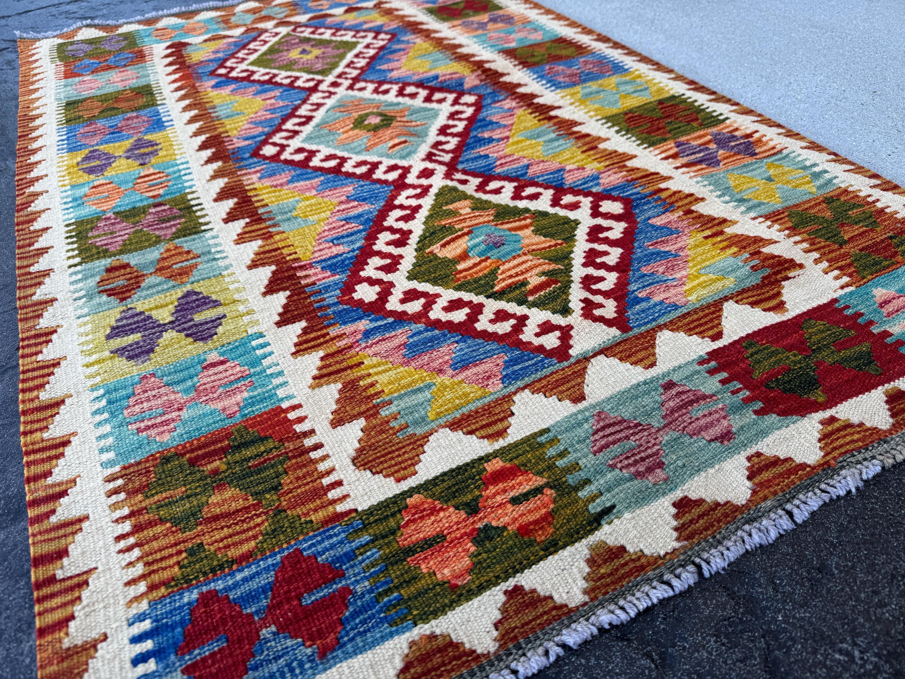 3x4-5 Handmade Afghan Kilim Rug | Burnt Orange Olive Forest Green Aqua Teal Turquoise Royal Blue Blood Brick Red Purple White Cream Gold