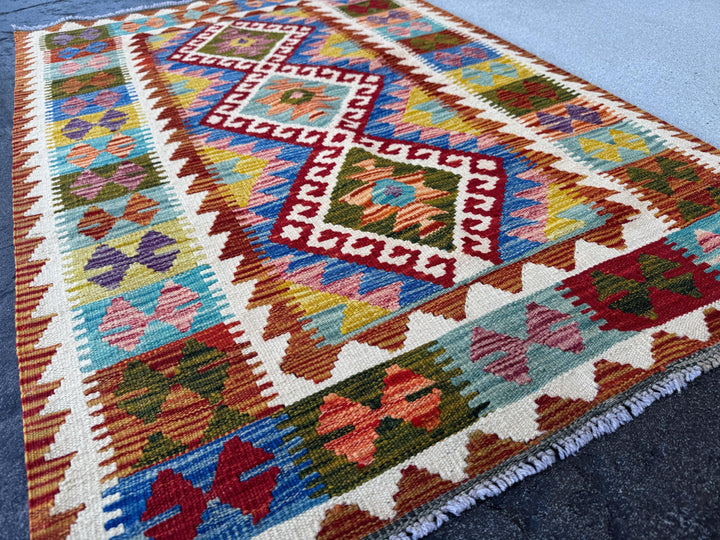 3x4-5 Handmade Afghan Kilim Rug | Burnt Orange Olive Forest Green Aqua Teal Turquoise Royal Blue Blood Brick Red Purple White Cream Gold