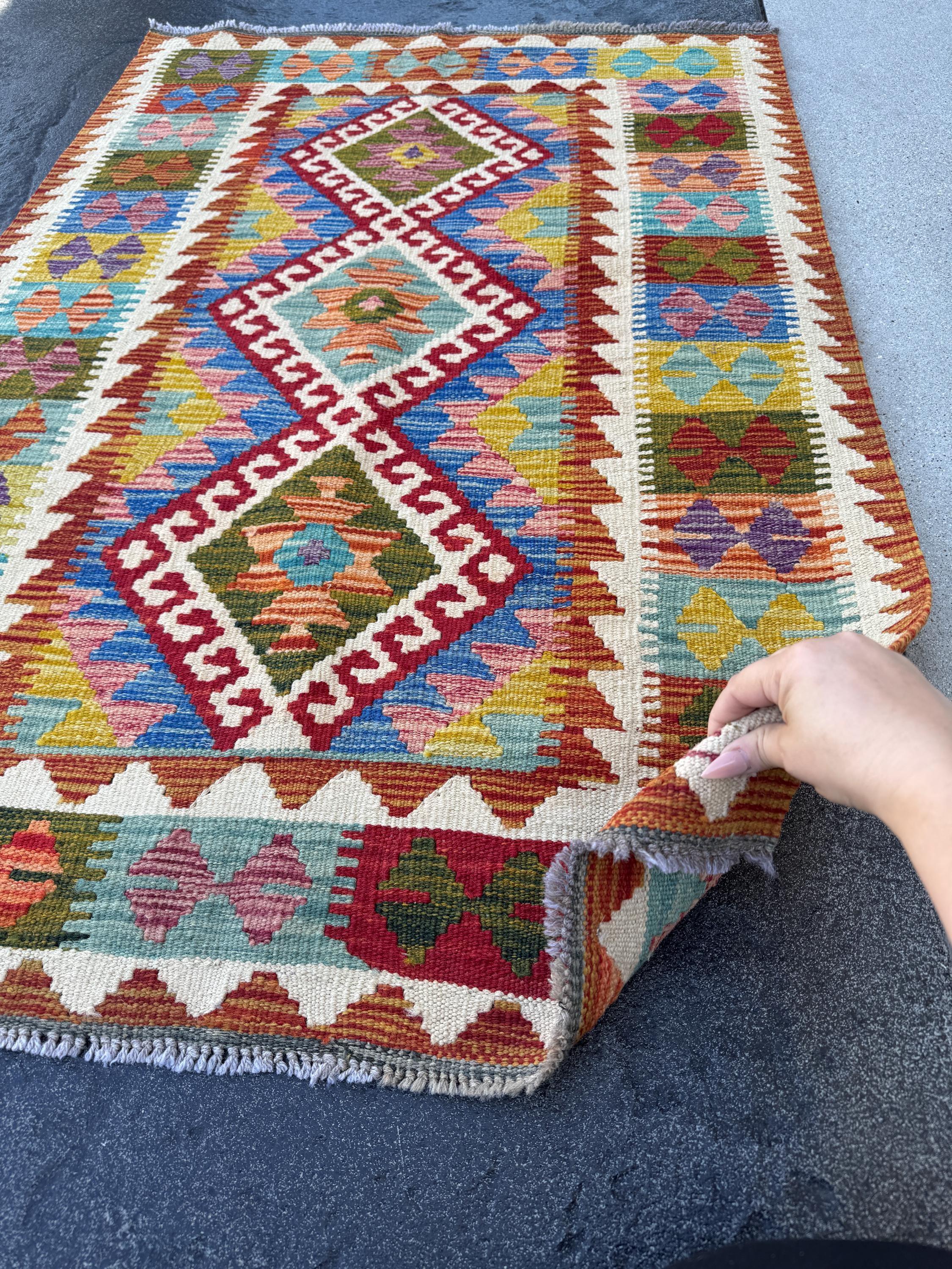 3x4-5 Handmade Afghan Kilim Rug | Burnt Orange Olive Forest Green Aqua Teal Turquoise Royal Blue Blood Brick Red Purple White Cream Gold