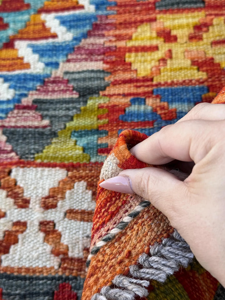 3x4 Handmade Afghan Kilim Rug | Burnt Orange Gold Mustard Yellow Cream Black Grey Denim Aqua Blue Blood Brick Red Moss Forest Green | Wool