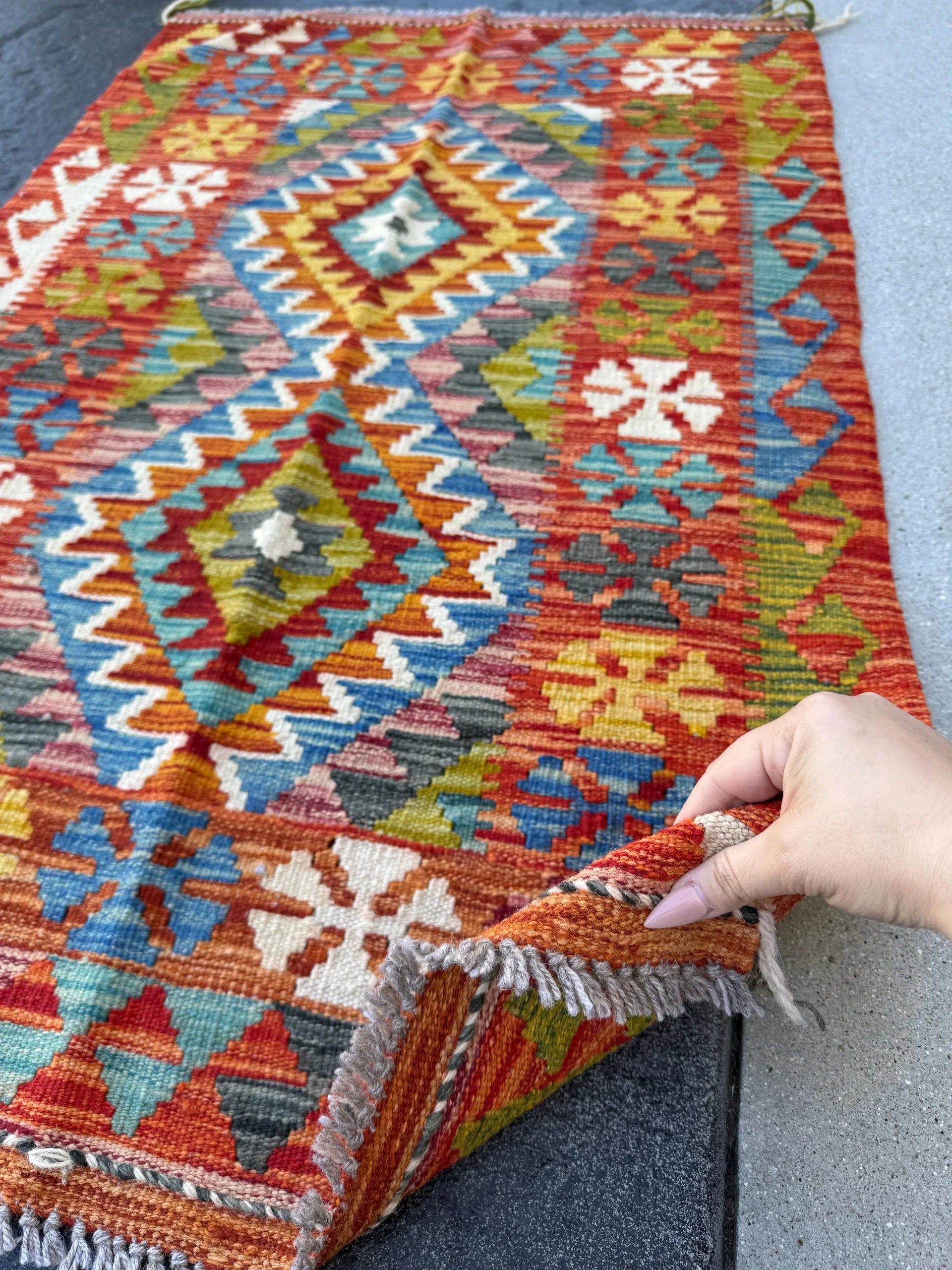 3x4 Handmade Afghan Kilim Rug | Burnt Orange Gold Mustard Yellow Cream Black Grey Denim Aqua Blue Blood Brick Red Moss Forest Green | Wool