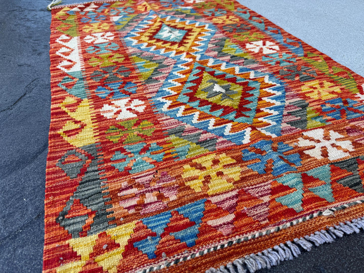 3x4 Handmade Afghan Kilim Rug | Burnt Orange Gold Mustard Yellow Cream Black Grey Denim Aqua Blue Blood Brick Red Moss Forest Green | Wool