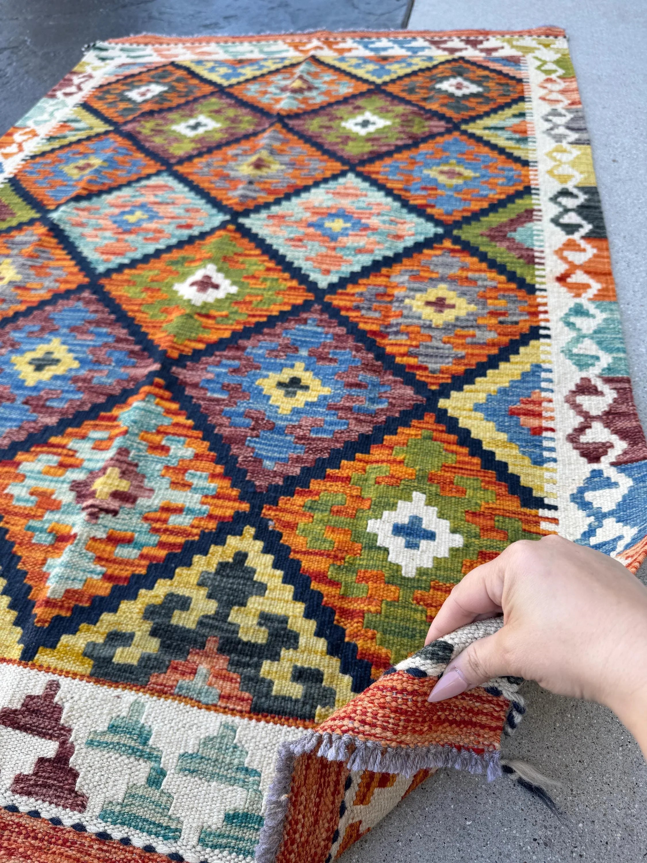 3x5 (91x152) Handmade Afghan Kilim Rug | Orange Forest Moss Green Yellow Baby Sky Denim Blue Black Maroon White Cream Aqua | Wool Flatweave