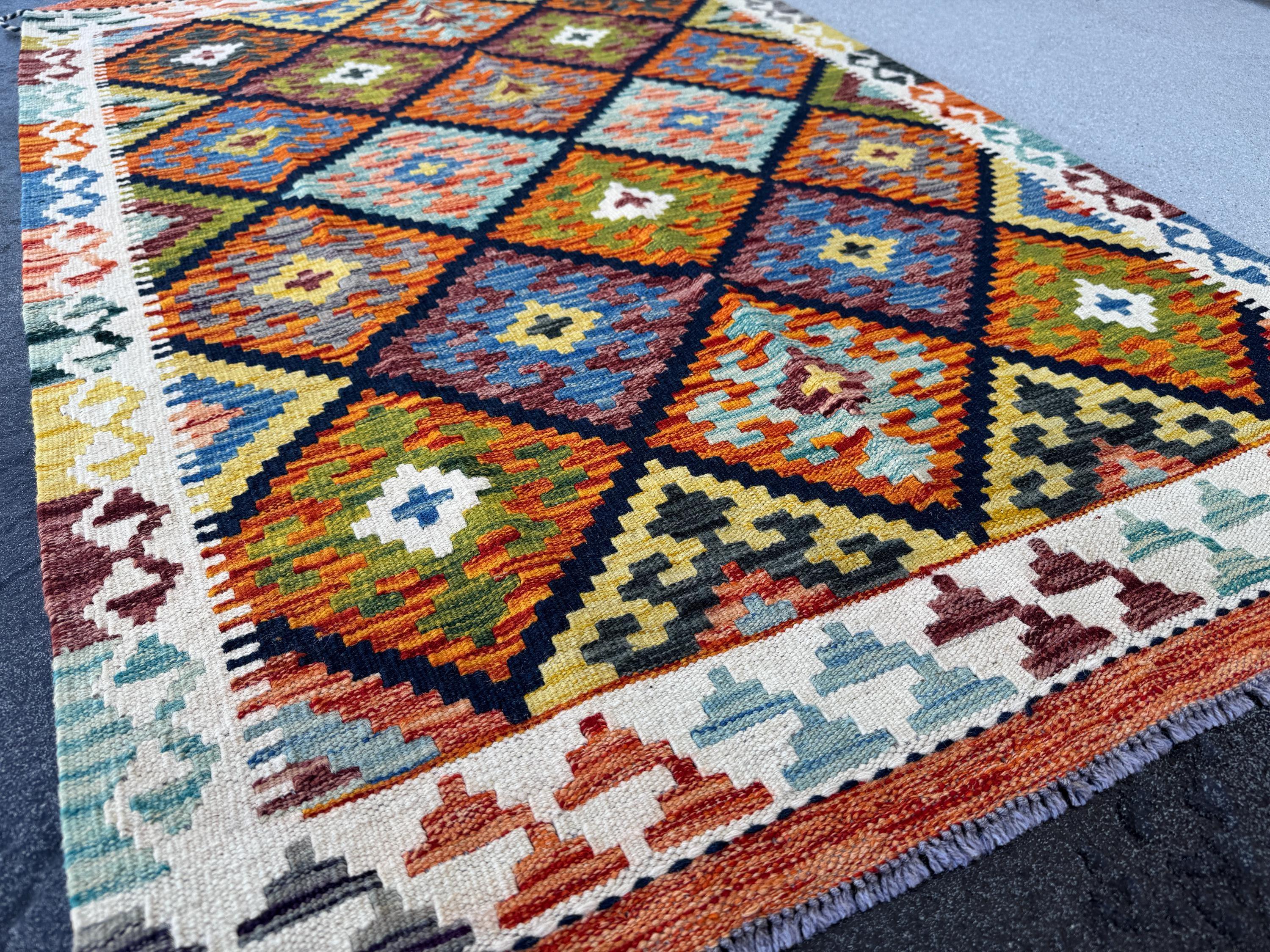 3x5 (91x152) Handmade Afghan Kilim Rug | Orange Forest Moss Green Yellow Baby Sky Denim Blue Black Maroon White Cream Aqua | Wool Flatweave