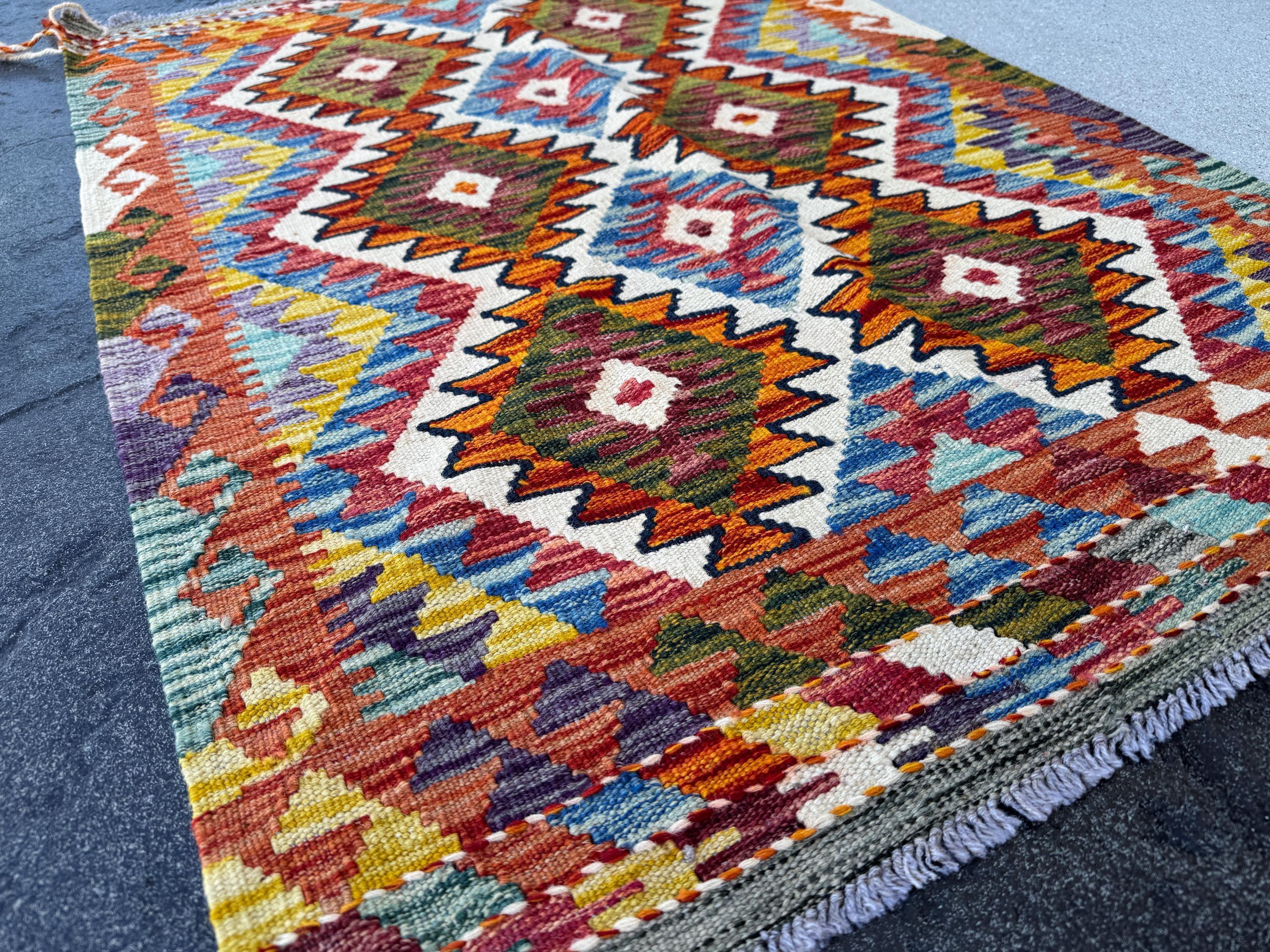 3x4 Handmade Afghan Kilim Rug | Burnt Orange Cream White Purple Denim Aqua Baby Blue Forest Moss Green Gold Yellow Crimson Wine Red Black