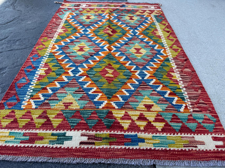 3x4 Handmade Afghan Kilim Rug | Scarlet Garnet Red Yellow Olive Moss Forest Green Maroon Teal Turquoise Aqua Denim Royal Blue Orange Cream