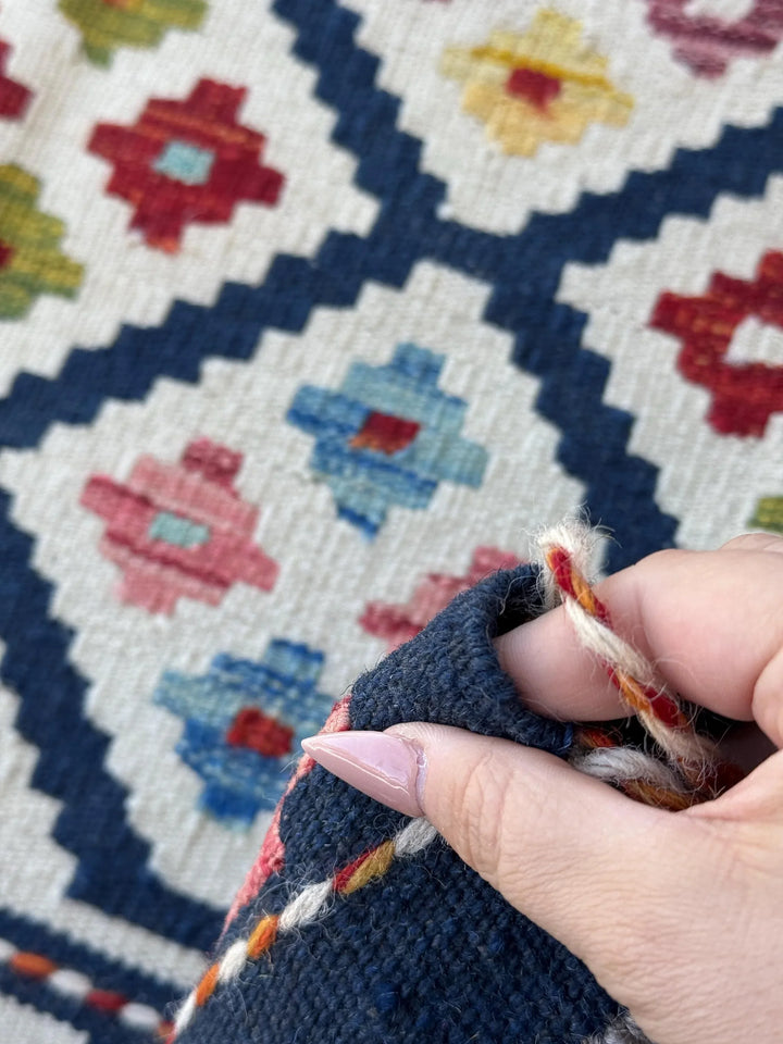 2-3x5 Handmade Afghan Kilim Rug | Navy Midnight Baby Sky Denim Blue Orange Cream White Blood Red Pink Moss Pine Green Maroon Aqua | Wool