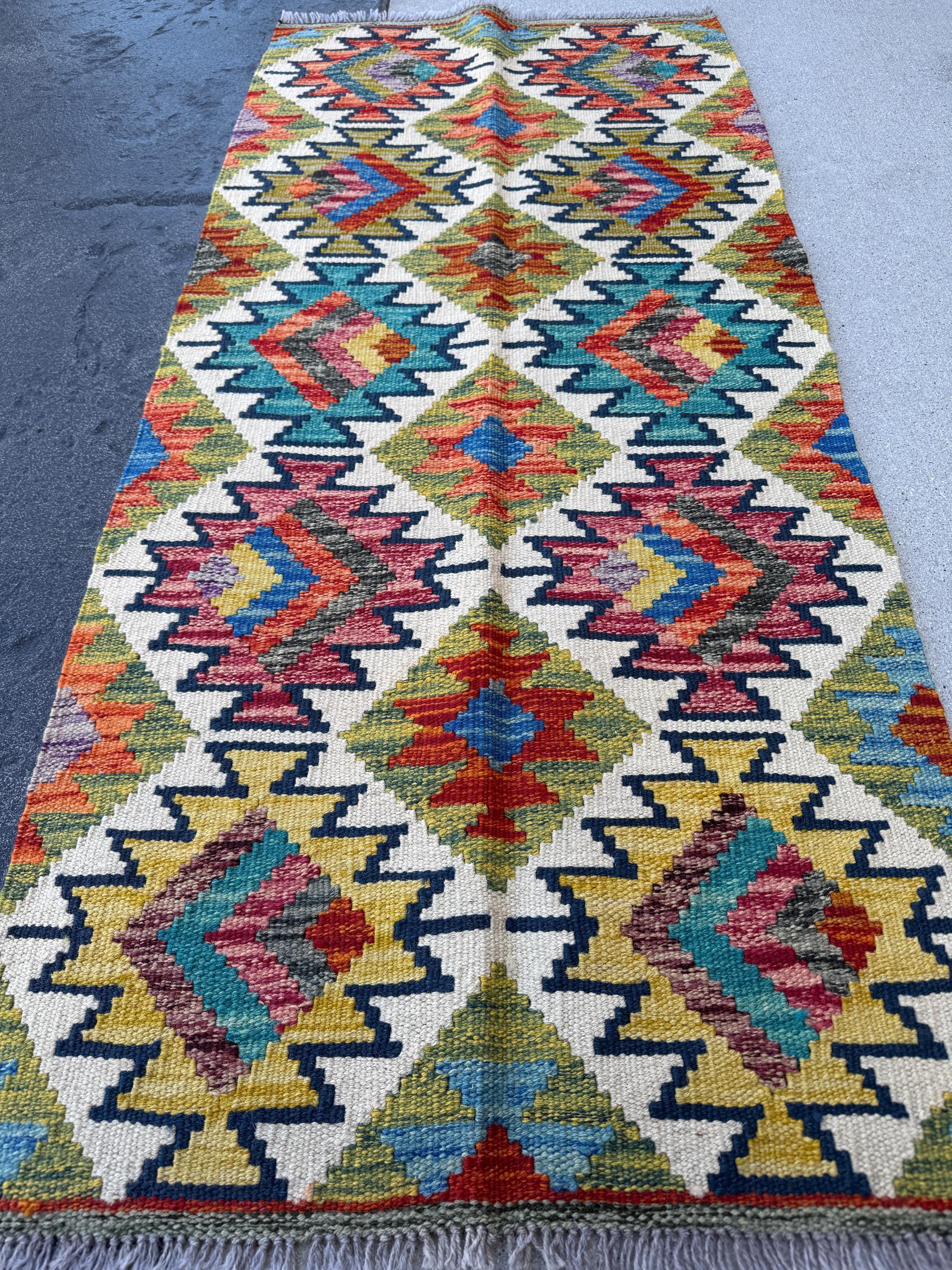 2x5 Handmade Afghan Kilim Runner Rug | Moss Olive Chartreuse Green Yellow Gold Navy Midnight Aqua Teal Denim Blue Orange Maroon Auburn Grey