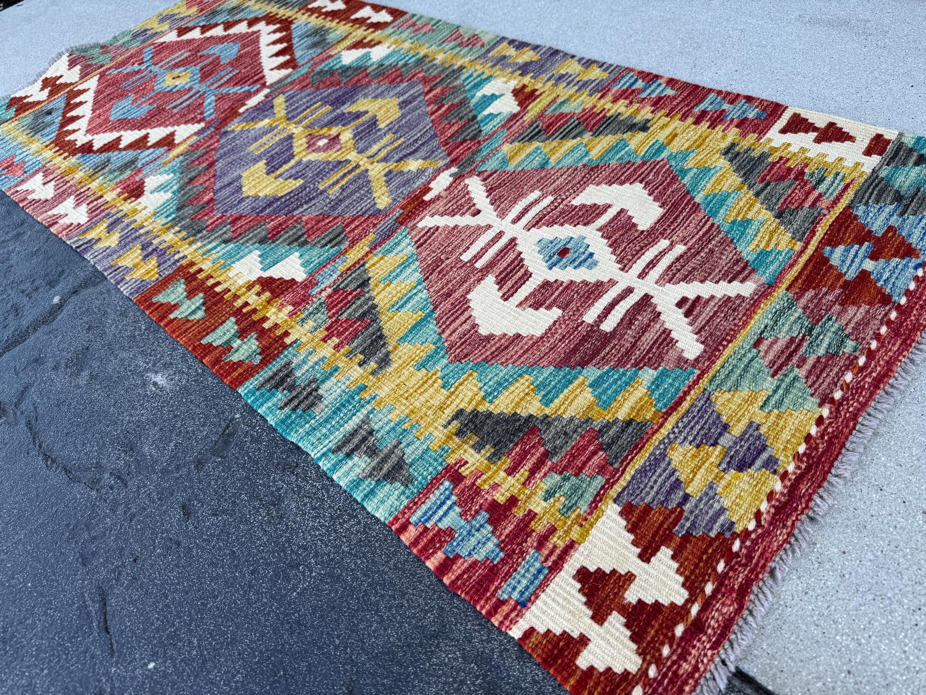 2x5 (71x152) Handmade Afghan Kilim Runner Rug | Auburn Blood Crimson Red Cream Teal Aqua Denim Blue Grey Purple Mustard Gold Yellow | Wool