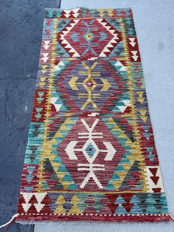 2x5 (71x152) Handmade Afghan Kilim Runner Rug | Auburn Blood Crimson Red Cream Teal Aqua Denim Blue Grey Purple Mustard Gold Yellow | Wool