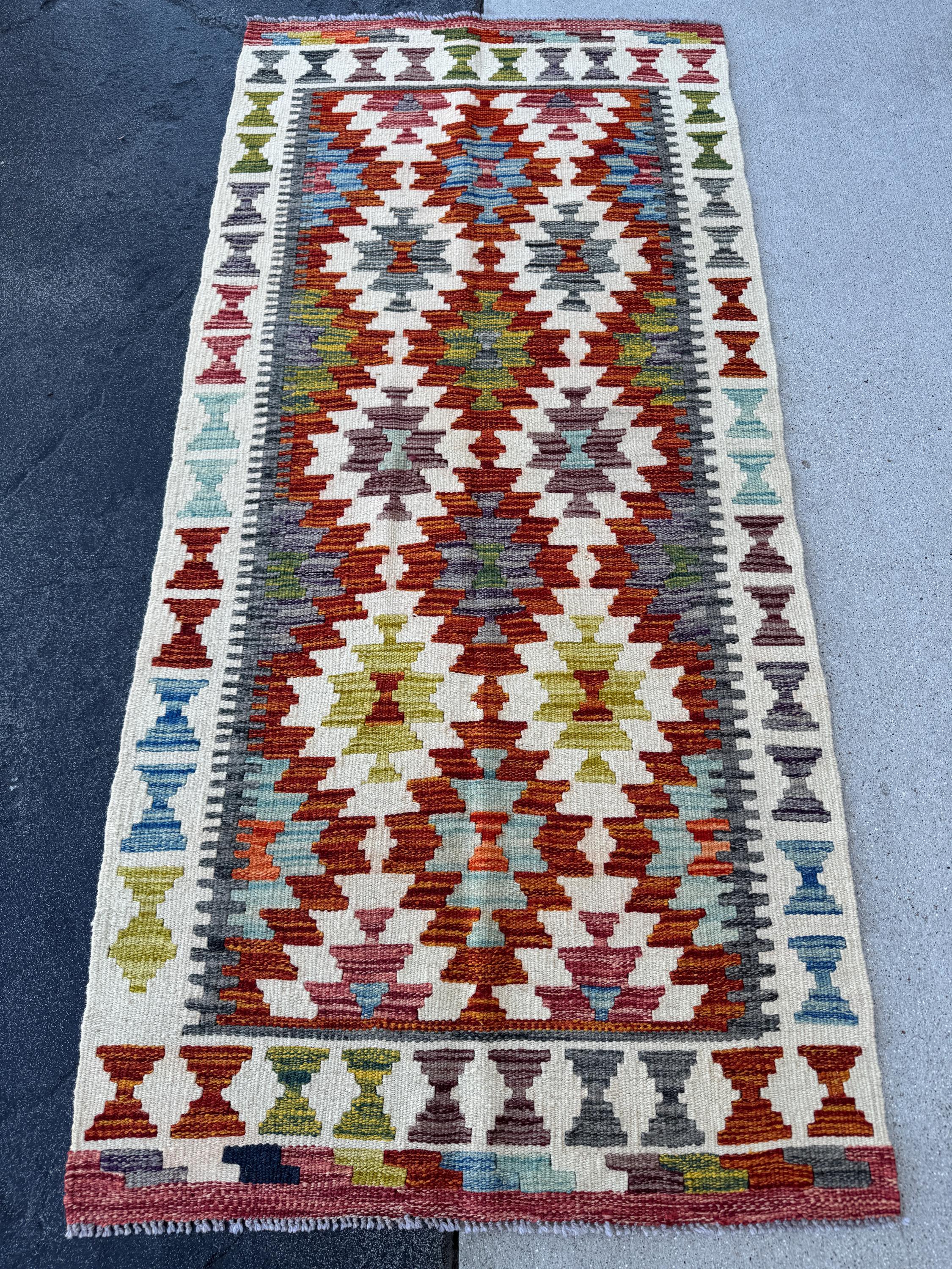 2x5 (71x152) Handmade Afghan Kilim Runner Rug | Cream Burnt Orange Olive Forest Green Baby Denim Powder Blue Grey Wine Red | Wool Flatweave