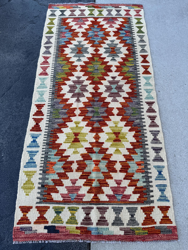 2x5 (71x152) Handmade Afghan Kilim Runner Rug | Cream Burnt Orange Olive Forest Green Baby Denim Powder Blue Grey Wine Red | Wool Flatweave