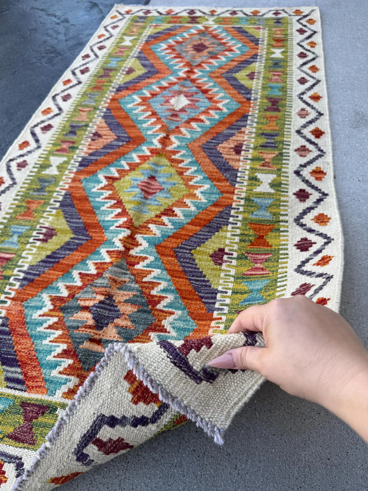 3x5 (91x152) Handmade Afghan Kilim Runner Rug | Moss Olive Chartreuse Green Grey Black Cream Orange Teal Aqua Blue | Wool Flatweave