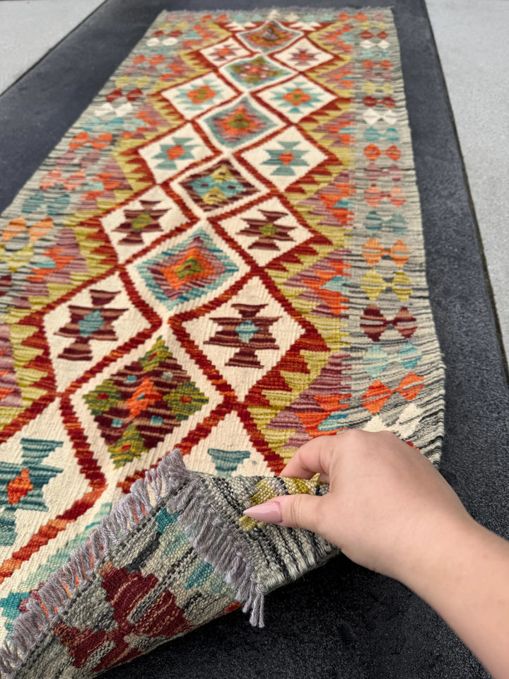 3x7 (91x213) Handmade Afghan Kilim Runner Rug | Grey Burnt Orange Cream Teal Baby Aqua Blue Crimson Burgundy Red Olive Forest Green | Wool