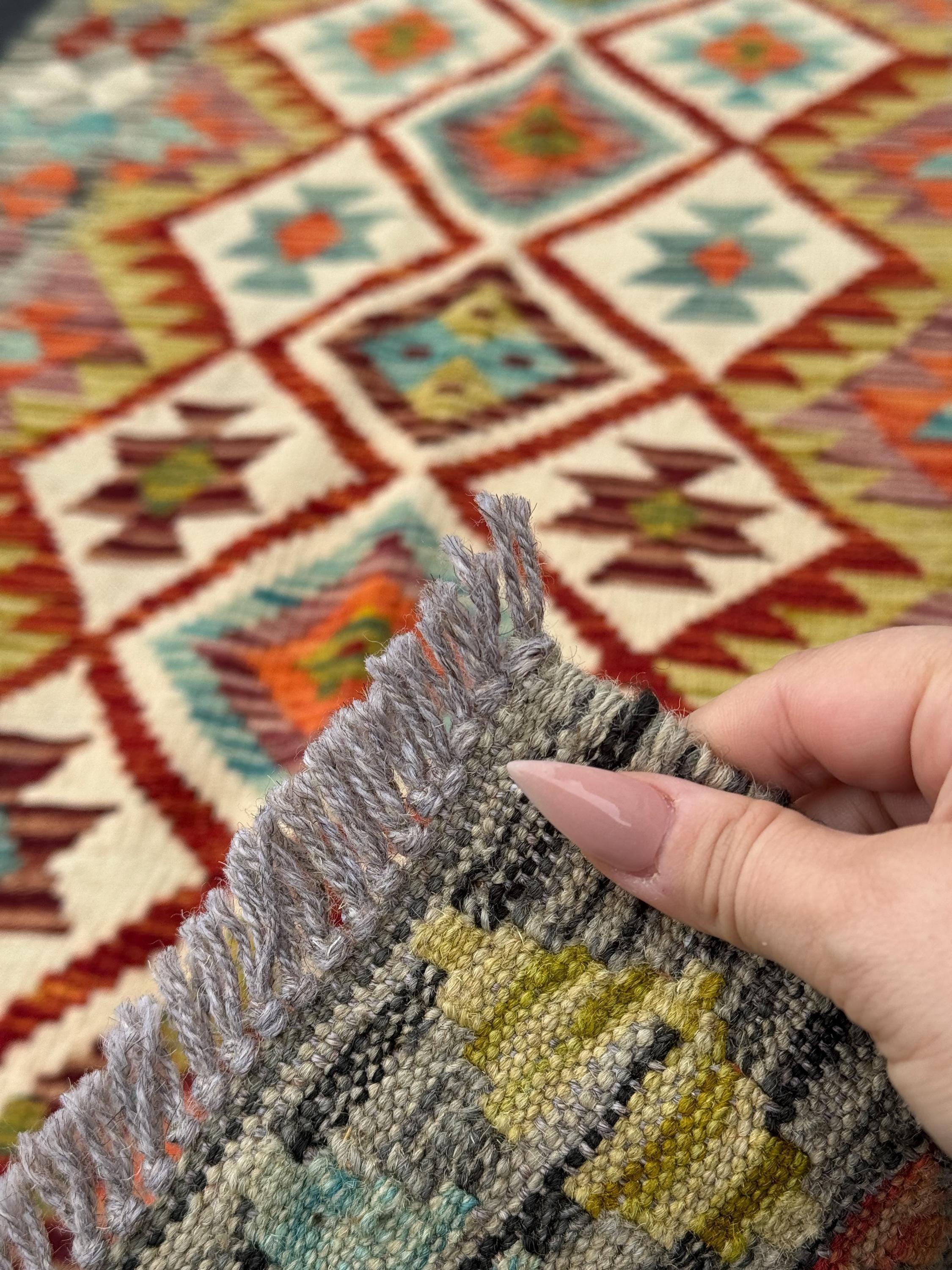 3x7 (91x213) Handmade Afghan Kilim Runner Rug | Grey Burnt Orange Cream Teal Baby Aqua Blue Crimson Burgundy Red Olive Forest Green | Wool