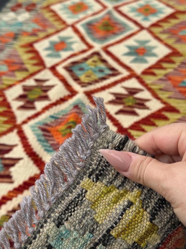 3x7 (91x213) Handmade Afghan Kilim Runner Rug | Grey Burnt Orange Cream Teal Baby Aqua Blue Crimson Burgundy Red Olive Forest Green | Wool