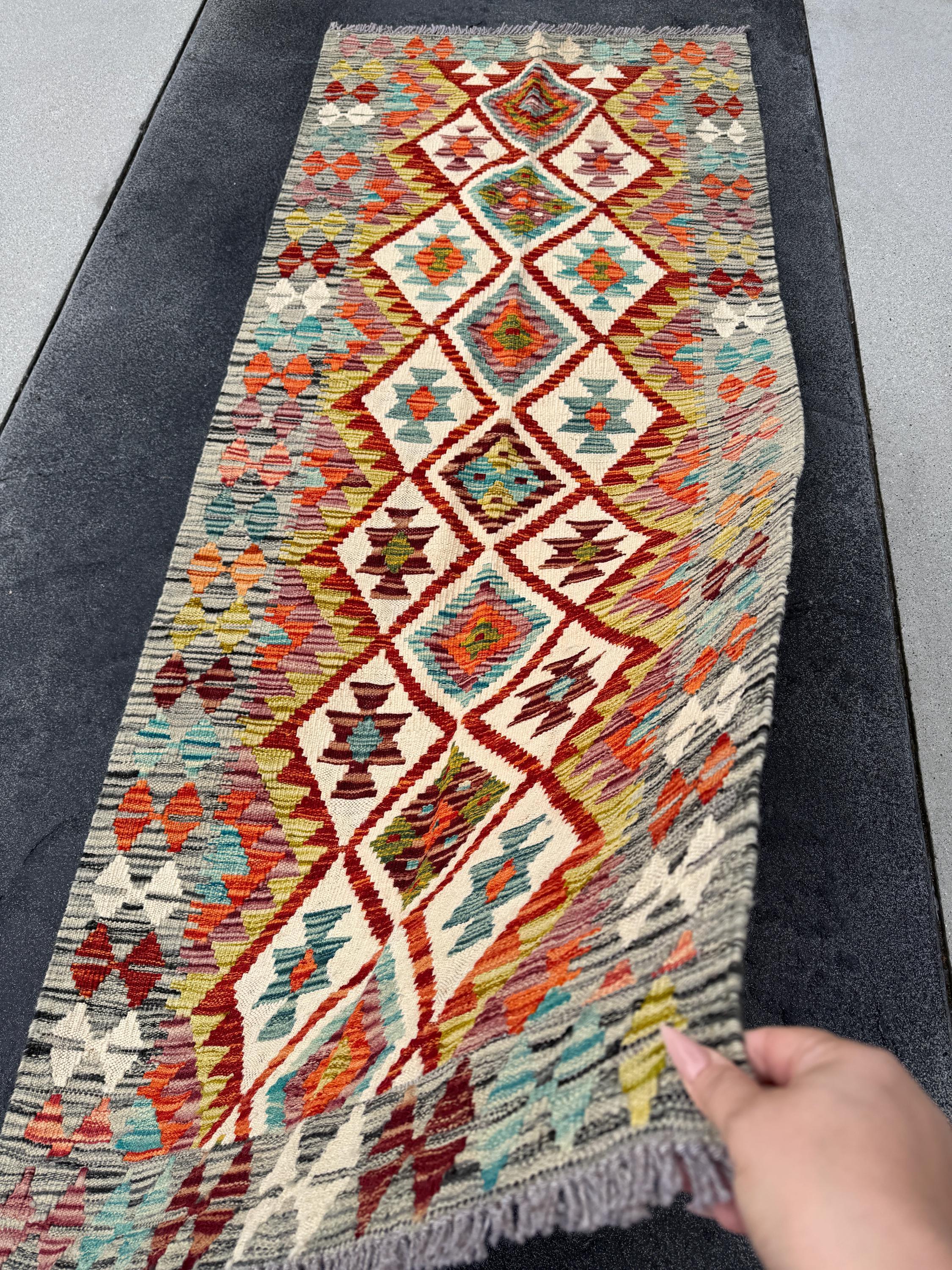 3x7 (91x213) Handmade Afghan Kilim Runner Rug | Grey Burnt Orange Cream Teal Baby Aqua Blue Crimson Burgundy Red Olive Forest Green | Wool