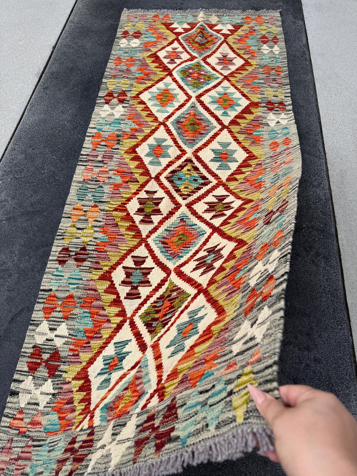 3x7 (91x213) Handmade Afghan Kilim Runner Rug | Grey Burnt Orange Cream Teal Baby Aqua Blue Crimson Burgundy Red Olive Forest Green | Wool