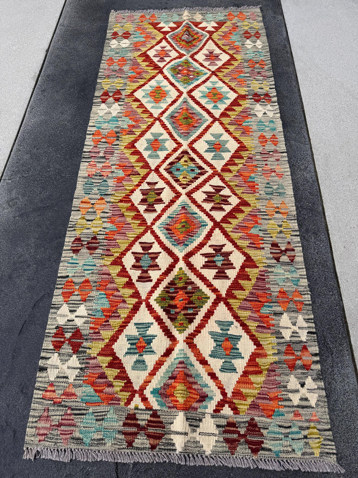 3x7 (91x213) Handmade Afghan Kilim Runner Rug | Grey Burnt Orange Cream Teal Baby Aqua Blue Crimson Burgundy Red Olive Forest Green | Wool