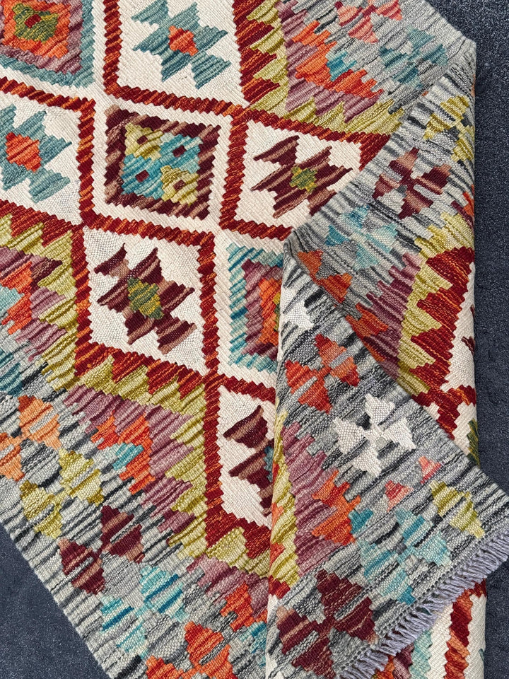 3x7 (91x213) Handmade Afghan Kilim Runner Rug | Grey Burnt Orange Cream Teal Baby Aqua Blue Crimson Burgundy Red Olive Forest Green | Wool