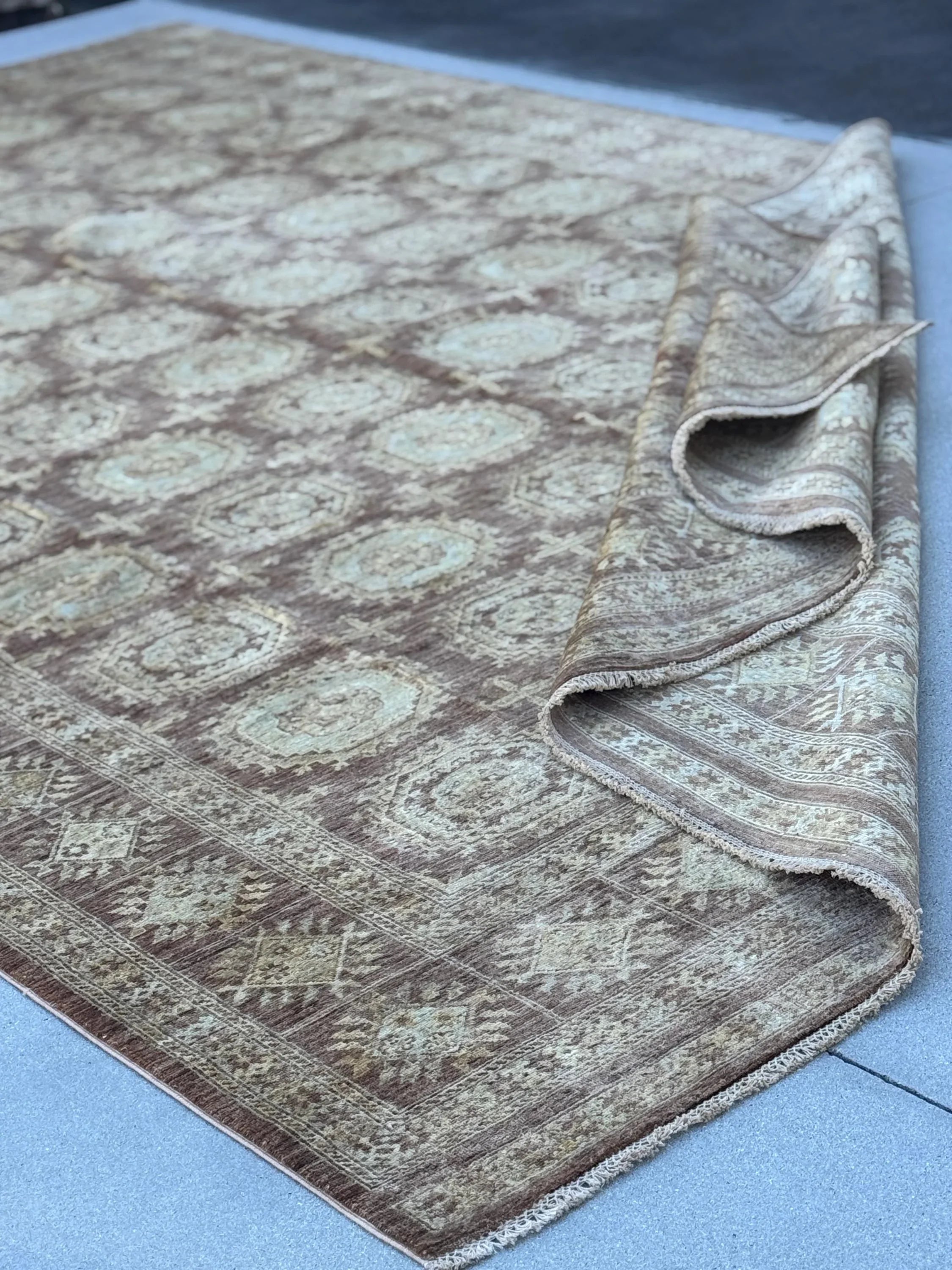 9x15 (274x457) Handmade Afghan Rug | Tan Brown Sand Chocolate Rust Auburn Red Powder Blue Cream | Wool Hand Knotted Geometric Persian Gul