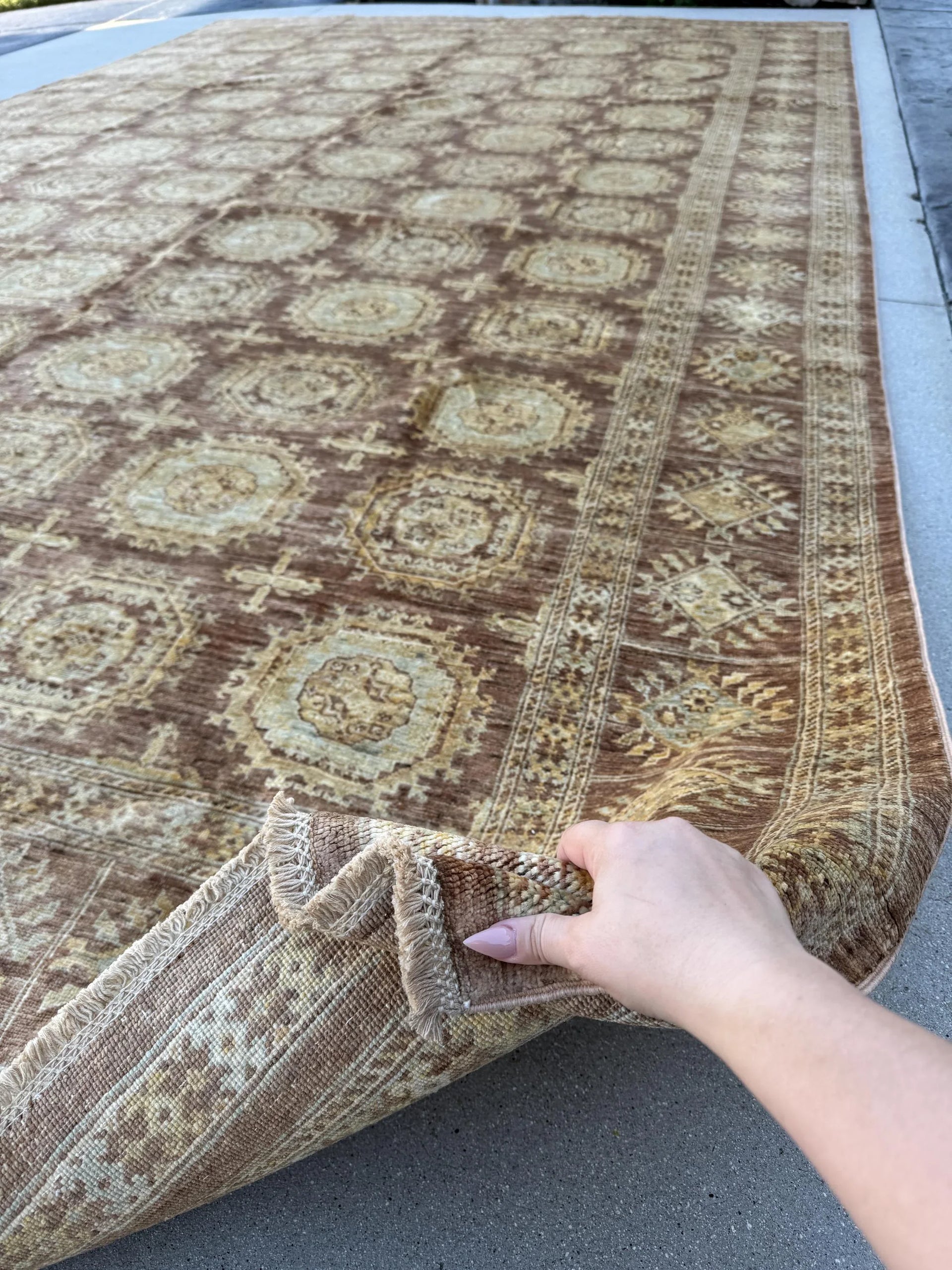 9x15 (274x457) Handmade Afghan Rug | Tan Brown Sand Chocolate Rust Auburn Red Powder Blue Cream | Wool Hand Knotted Geometric Persian Gul