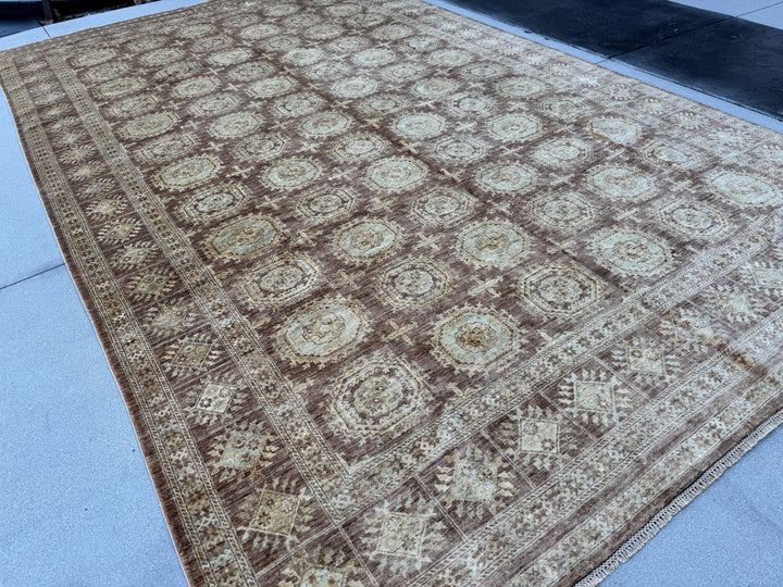 9x15 (274x457) Handmade Afghan Rug | Tan Brown Sand Chocolate Rust Auburn Red Powder Blue Cream | Wool Hand Knotted Geometric Persian Gul