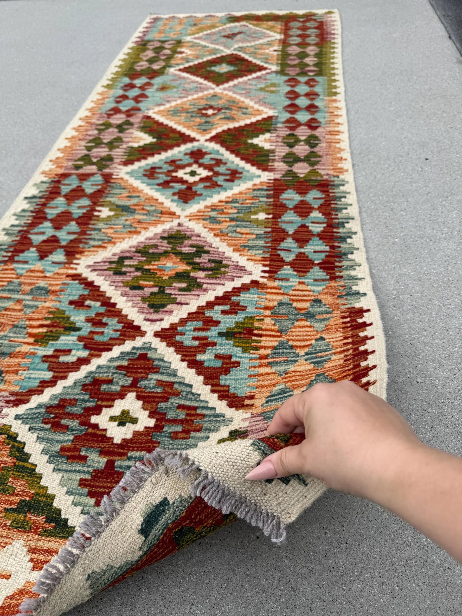 2-3x7 (80x213) Handmade Afghan Kilim Runner Rug | Cream Teal Denim Aqua Blue Rust Coral Orange Forest Moss Green Auburn Burgundy Red | Wool