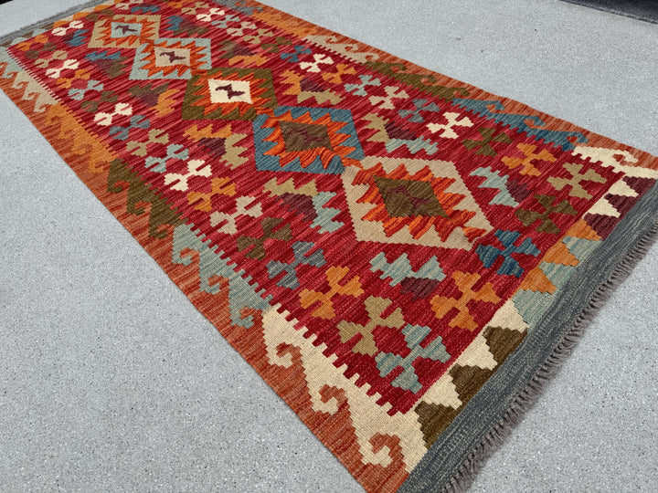 3x7 Handmade Afghan Kilim Runner Rug | Scarlet Crimson Wine Red Plum Purple Burnt Rust Orange Teal Prussian Baby Blue Tan Coffee Brown Cream