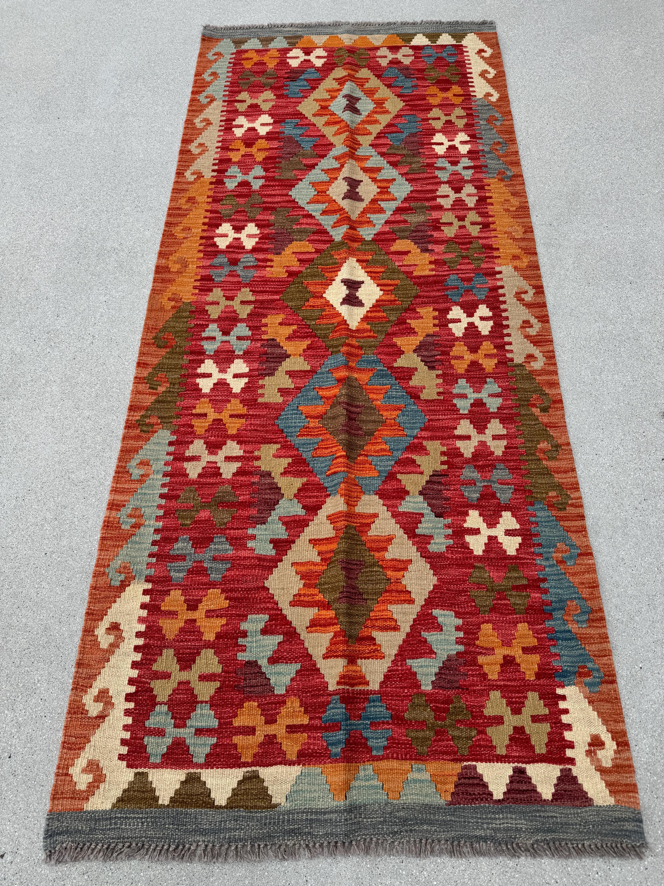 3x7 Handmade Afghan Kilim Runner Rug | Scarlet Crimson Wine Red Plum Purple Burnt Rust Orange Teal Prussian Baby Blue Tan Coffee Brown Cream