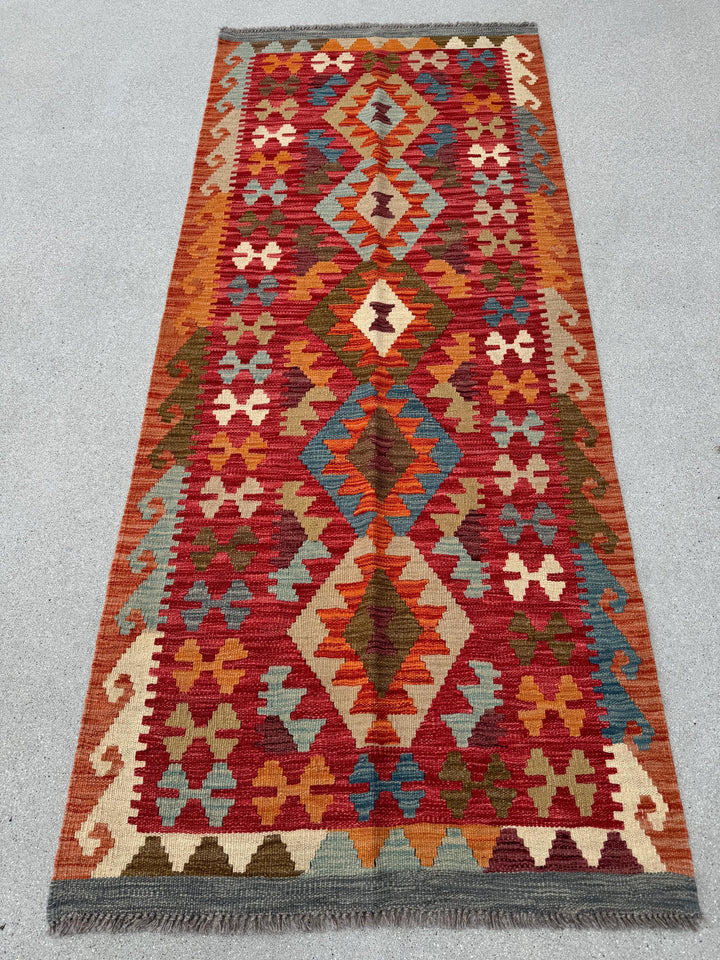 3x7 Handmade Afghan Kilim Runner Rug | Scarlet Crimson Wine Red Plum Purple Burnt Rust Orange Teal Prussian Baby Blue Tan Coffee Brown Cream