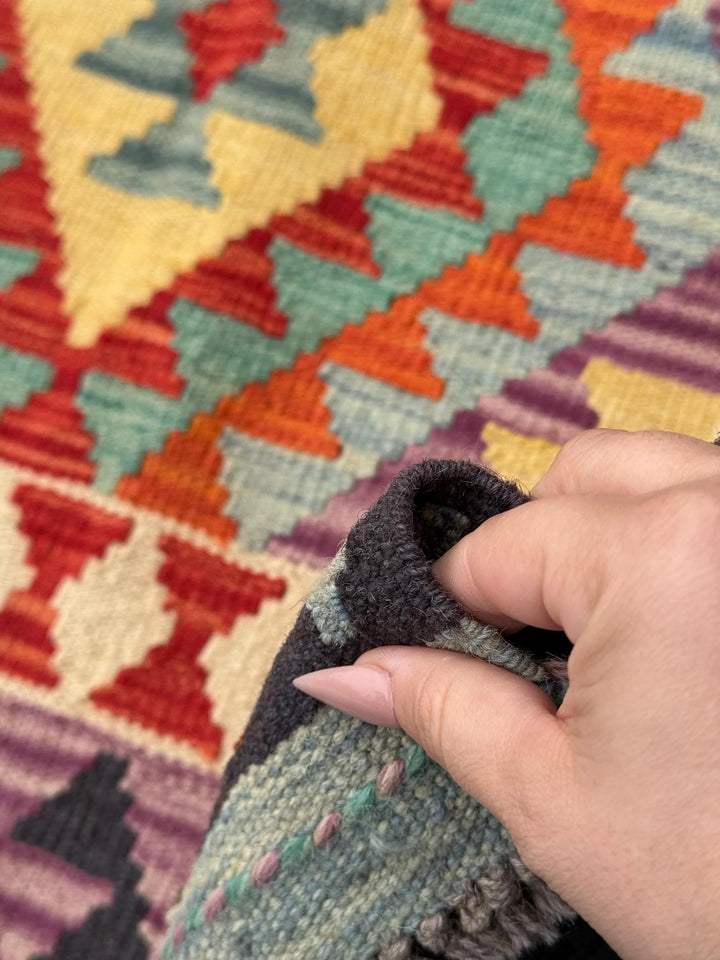 2x7 (61x213) Handmade Afghan Kilim Runner Rug | Black Cream Purple Denim Baby Blue Crimson Scarlet Red Yellow Orange | Wool Flatweave