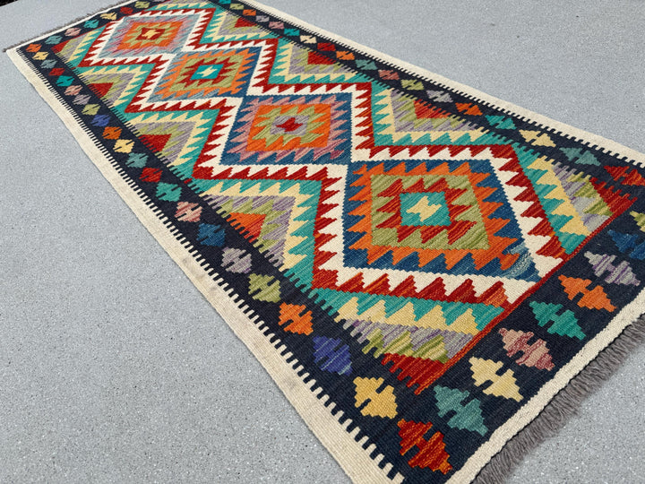 3x6-7 Handmade Afghan Kilim Runner Rug | Cream Crimson Red Yellow Royal Navy Teal Denim Blue Grey Orange Lime Moss Green | Wool Flatweave