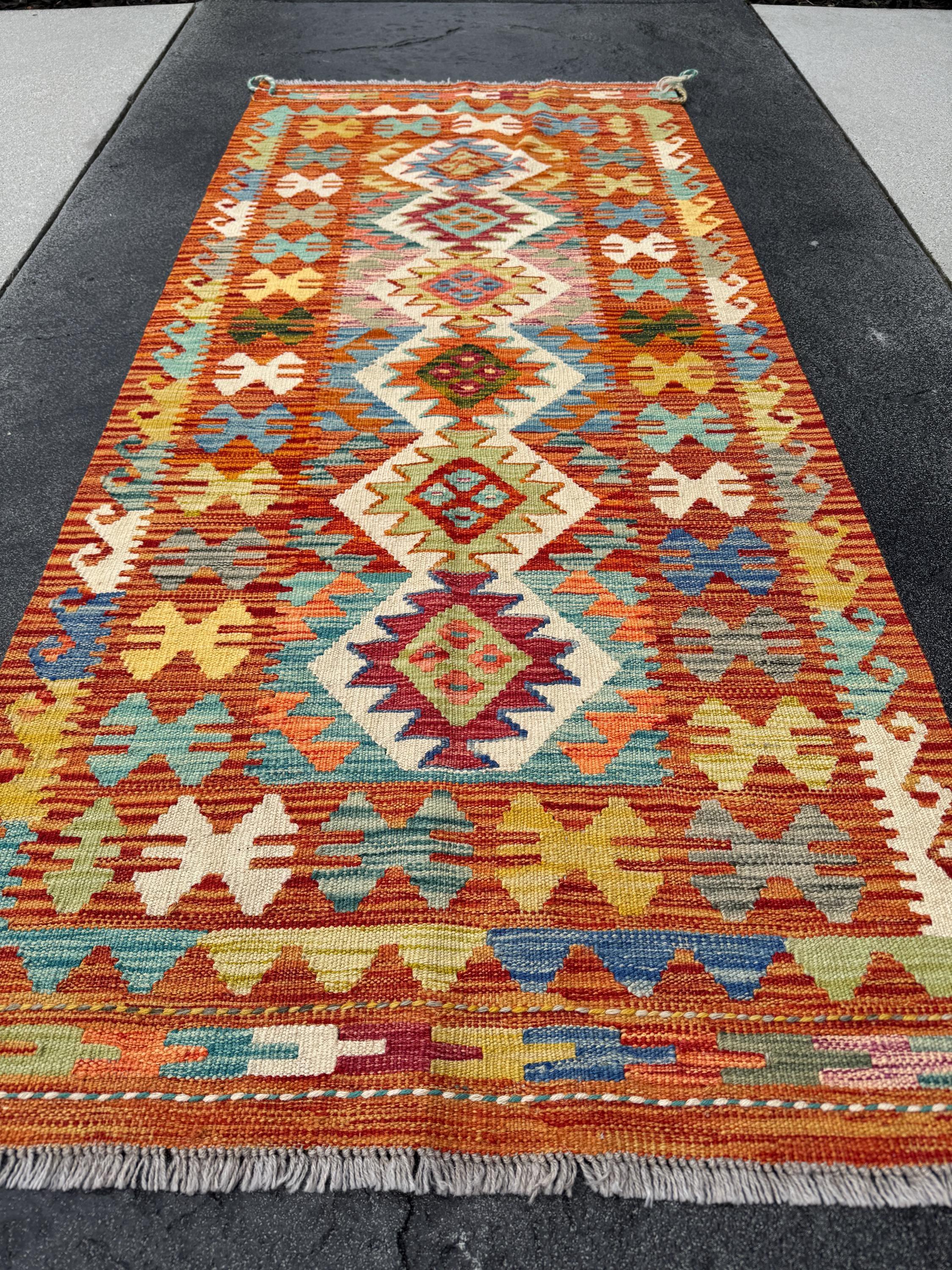 2x6 Handmade Afghan Kilim Runner Rug | Burnt Orange Cream Grey Denim Teal Aqua Blue Lime Sage Forest Green Mustard Yellow Auburn Red | Wool