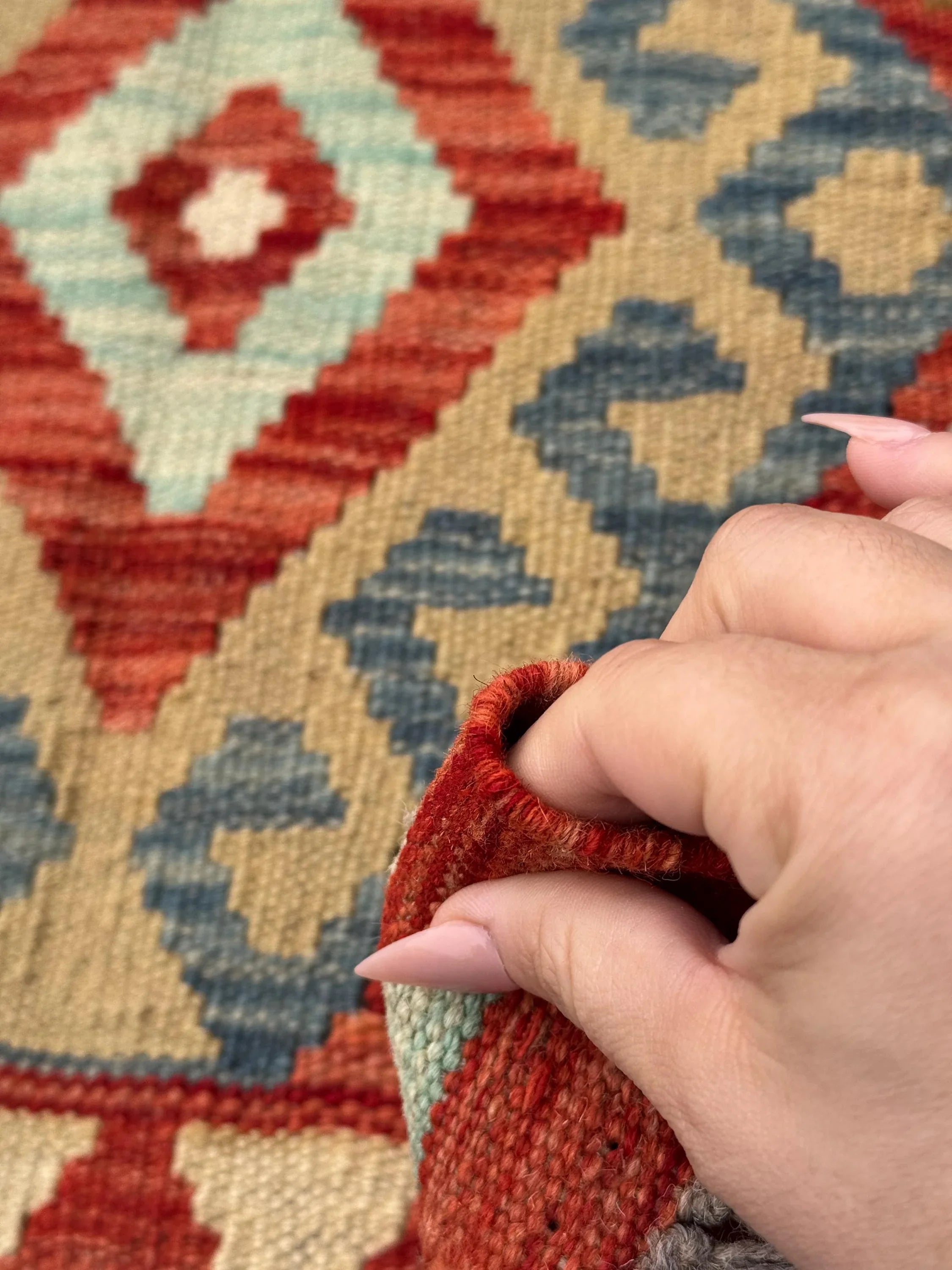 2x6 (61x182) Handmade Afghan Kilim Runner Rug | Burnt Orange Saffron Coffee Tan Brown Baby Powder Prussian Denim Blue Cream | Wool Flatweave