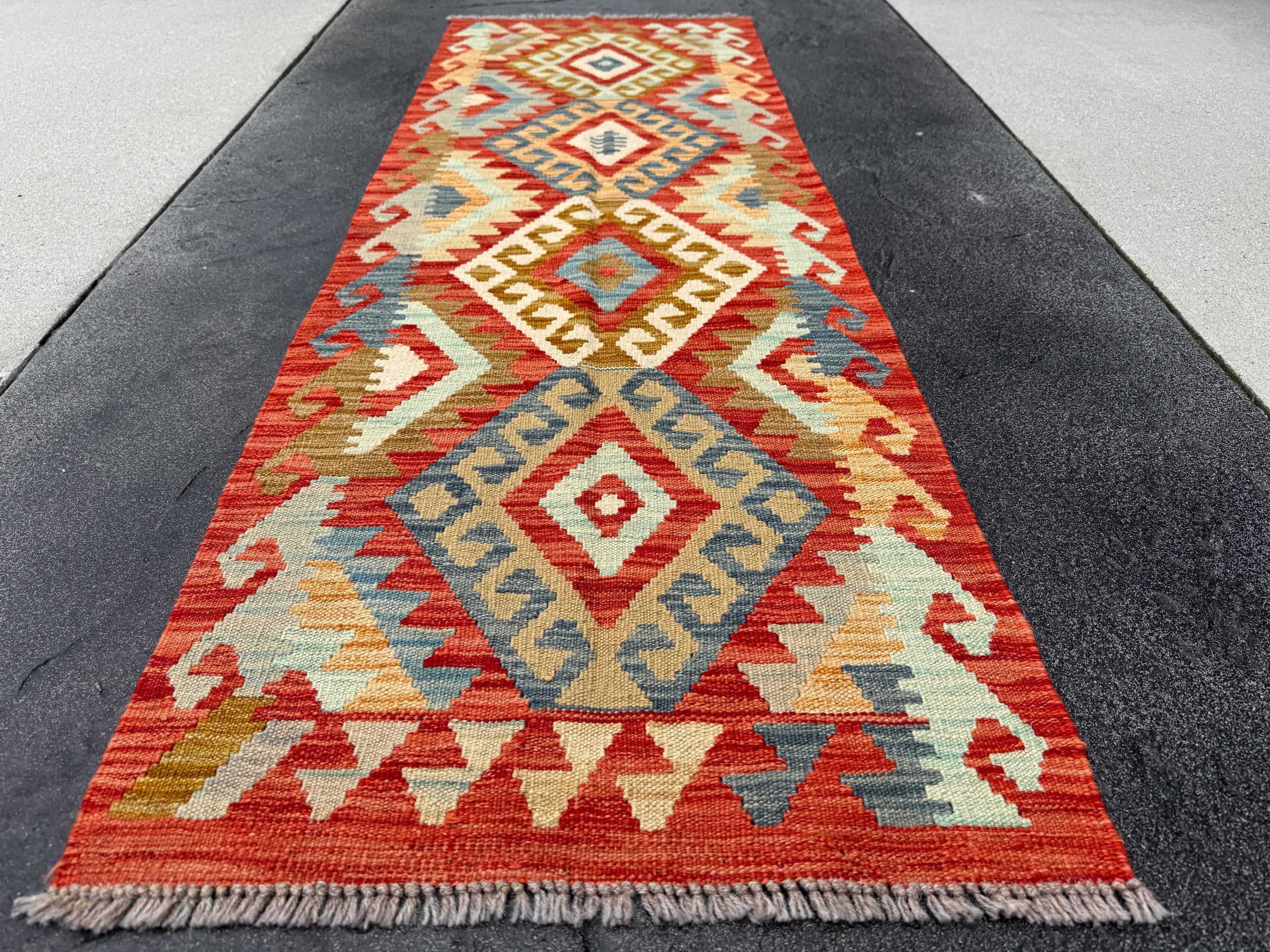 2x6 (61x182) Handmade Afghan Kilim Runner Rug | Burnt Orange Saffron Coffee Tan Brown Baby Powder Prussian Denim Blue Cream | Wool Flatweave