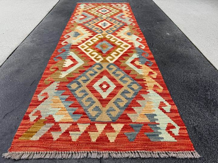 2x6 (61x182) Handmade Afghan Kilim Runner Rug | Burnt Orange Saffron Coffee Tan Brown Baby Powder Prussian Denim Blue Cream | Wool Flatweave