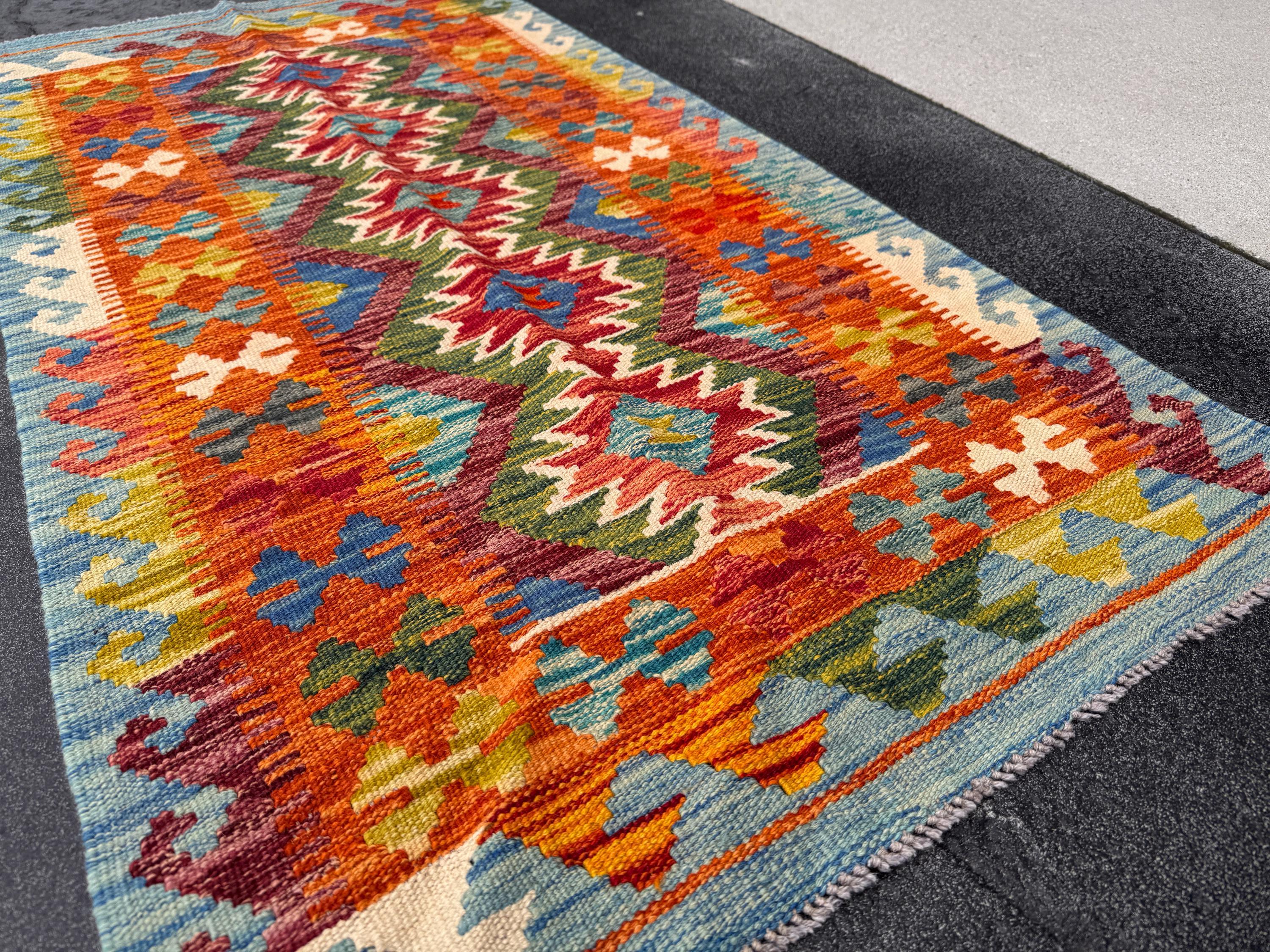 3x5 Handmade Afghan Kilim Rug | Orange Auburn Burgundy Crimson Red Forest Olive Green Denim Royal Blue Mustard Yellow Cream | Wool Flatweave