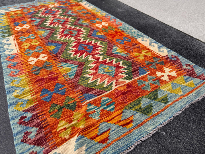 3x5 Handmade Afghan Kilim Rug | Orange Auburn Burgundy Crimson Red Forest Olive Green Denim Royal Blue Mustard Yellow Cream | Wool Flatweave