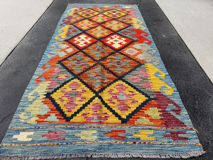 3x5 Handmade Afghan Kilim Rug | Denim Powder Blue Black Grey Mustard Sage Green Auburn Maroon Brick Red Burnt Orange Scarlet Red Cream