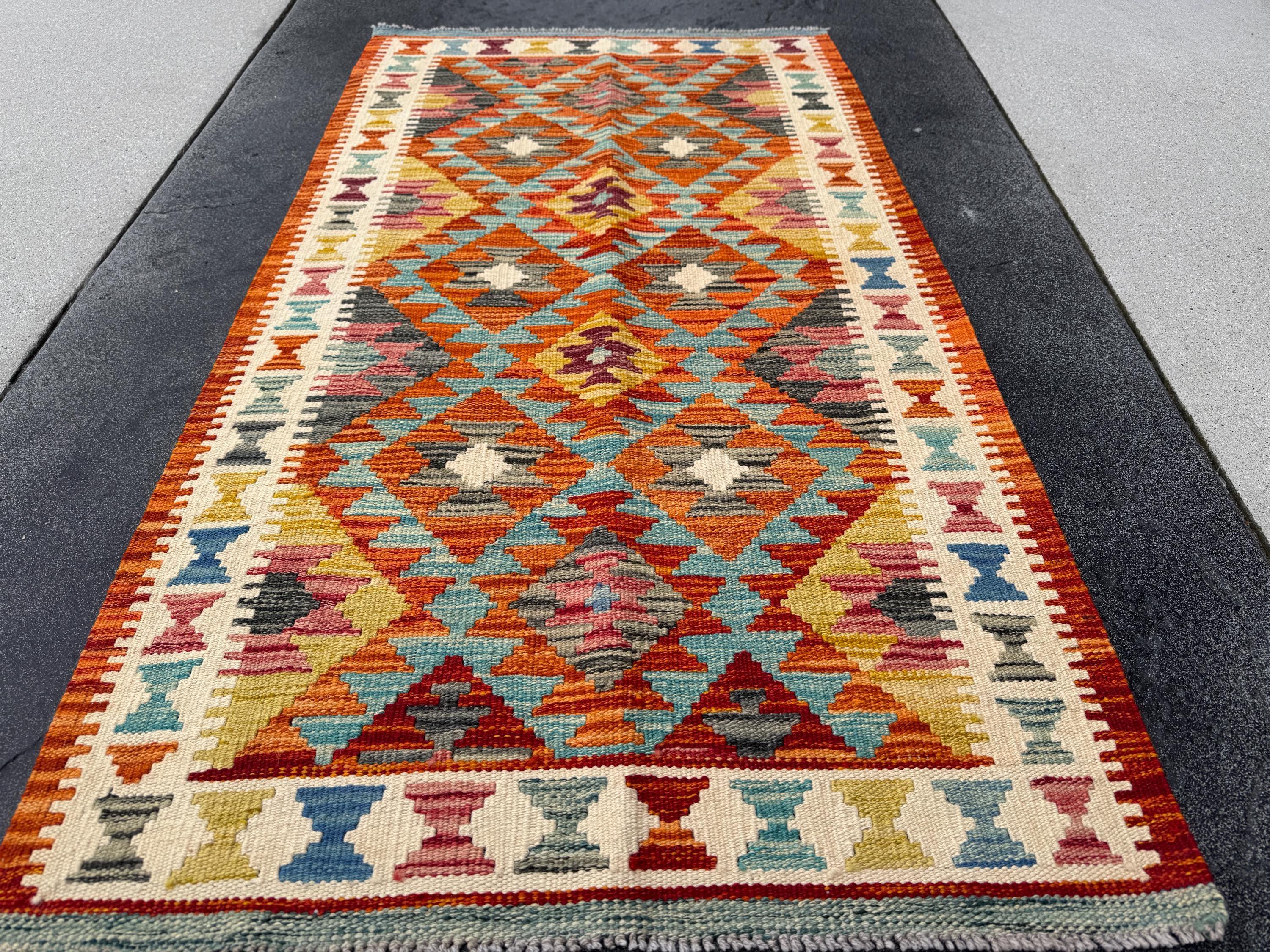 3x5 (91x152) Handmade Afghan Kilim Rug | Burnt Orange Mustard Yellow Denim Teal Blue Brick Red Grey Black Cream Moss Green Burgundy | Wool