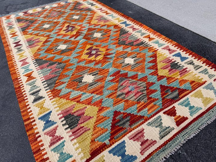 3x5 (91x152) Handmade Afghan Kilim Rug | Burnt Orange Mustard Yellow Denim Teal Blue Brick Red Grey Black Cream Moss Green Burgundy | Wool