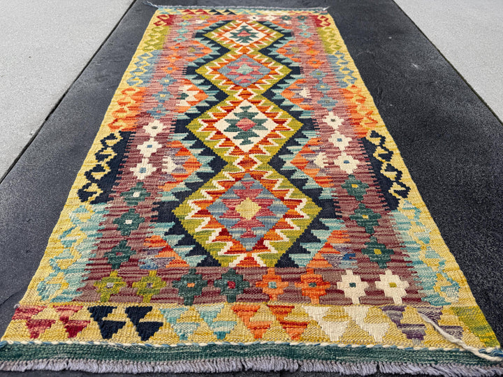 2x5 Handmade Afghan Kilim Rug | Yellow Chartreuse Olive Moss Green Teal Baby Navy Midnight Blue Cream Orange Purple Auburn Red | Wool