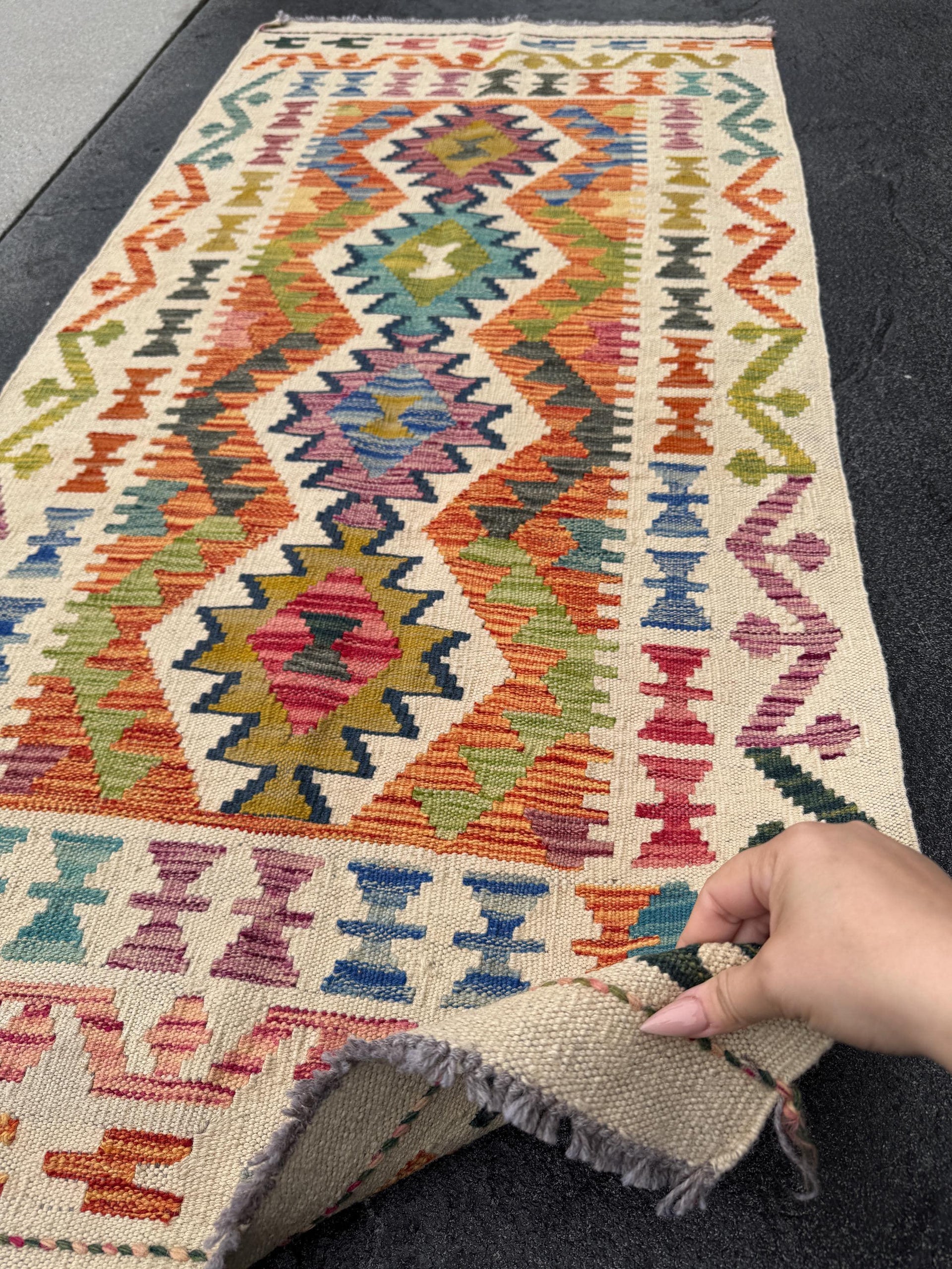 2x5 (61x152) Handmade Afghan Kilim Rug | Cream Forest Lime Chartreuse Green Orange Rose Brick Red Pink Purple Denim Teal Blue Grey | Wool
