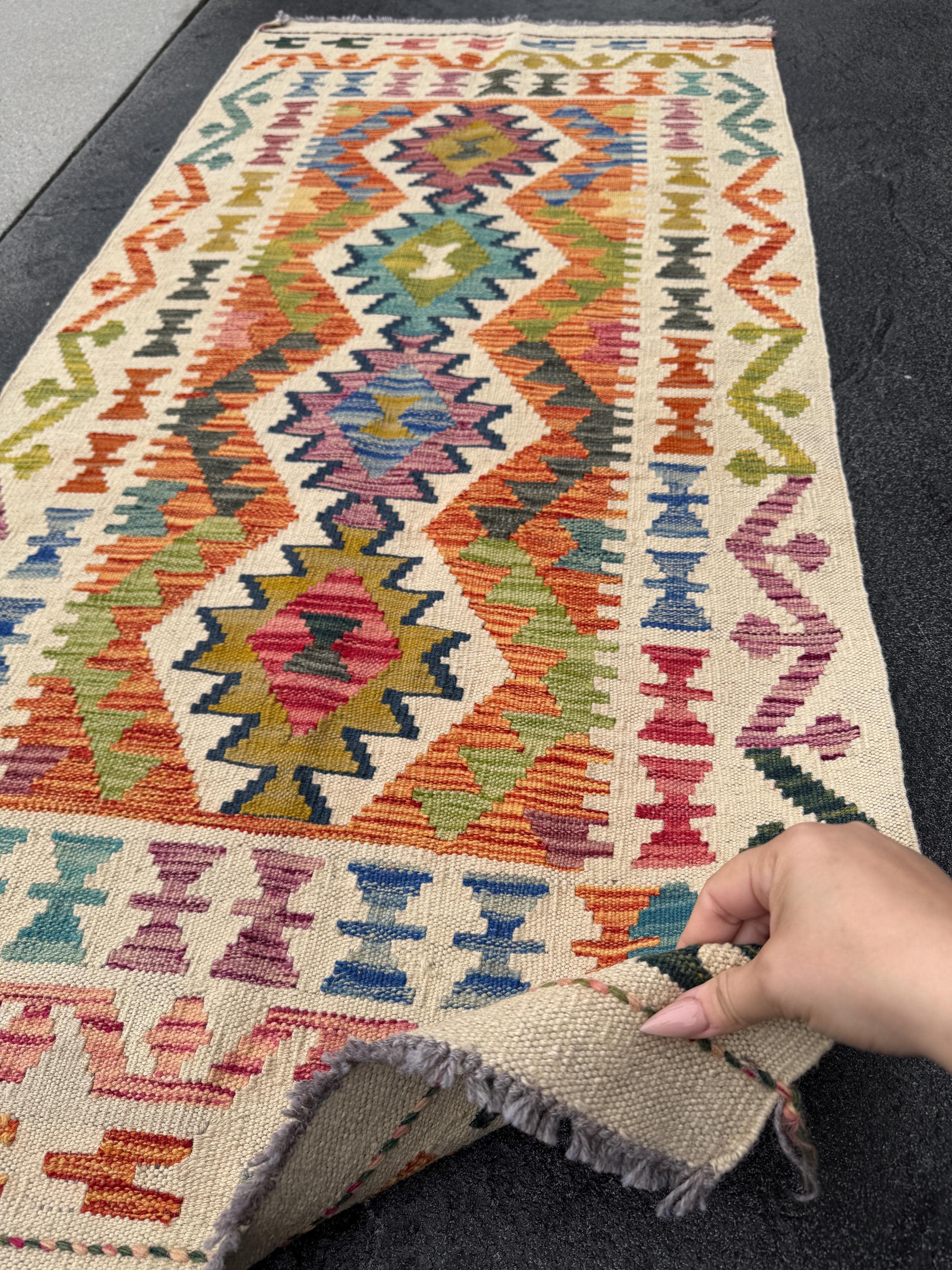 2x5 (61x152) Handmade Afghan Kilim Rug | Cream Forest Lime Chartreuse Green Orange Rose Brick Red Pink Purple Denim Teal Blue Grey | Wool