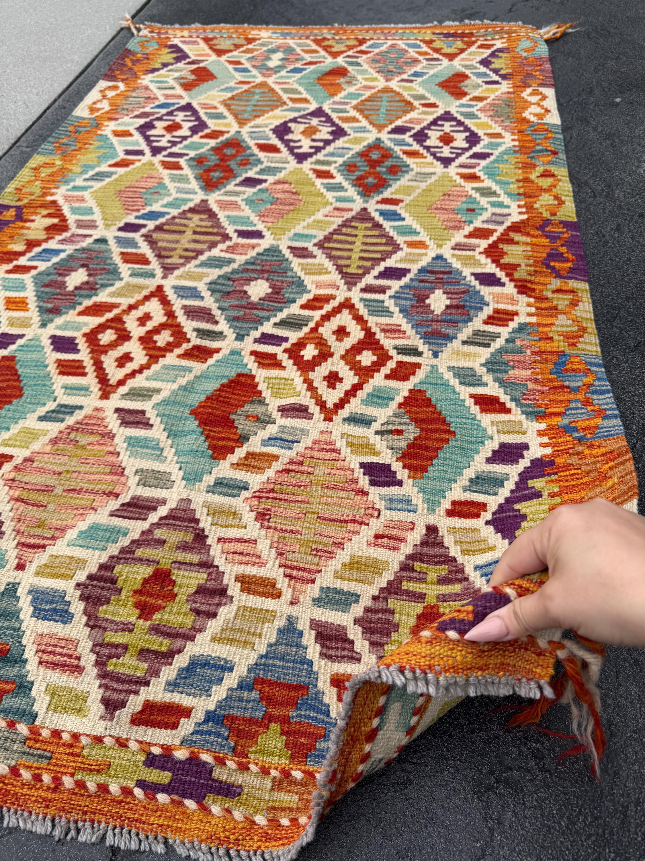 3x5 Handmade Afghan Kilim Rug | Burnt Orange Eggplant Purple Prussian Denim Teal Aqua Blue Olive Moss Green Scarlet Brick Red Cream | Wool